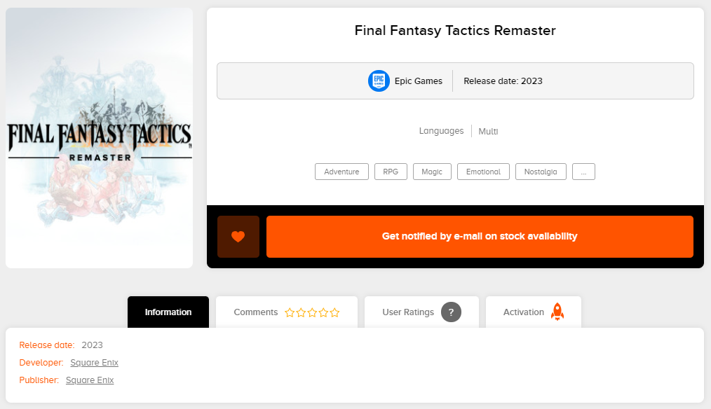 Final Fantasy Tactics Remaster listed on Instant Gaming's website. It has the cover art, a release date, and the developer "Square Enix" listed.