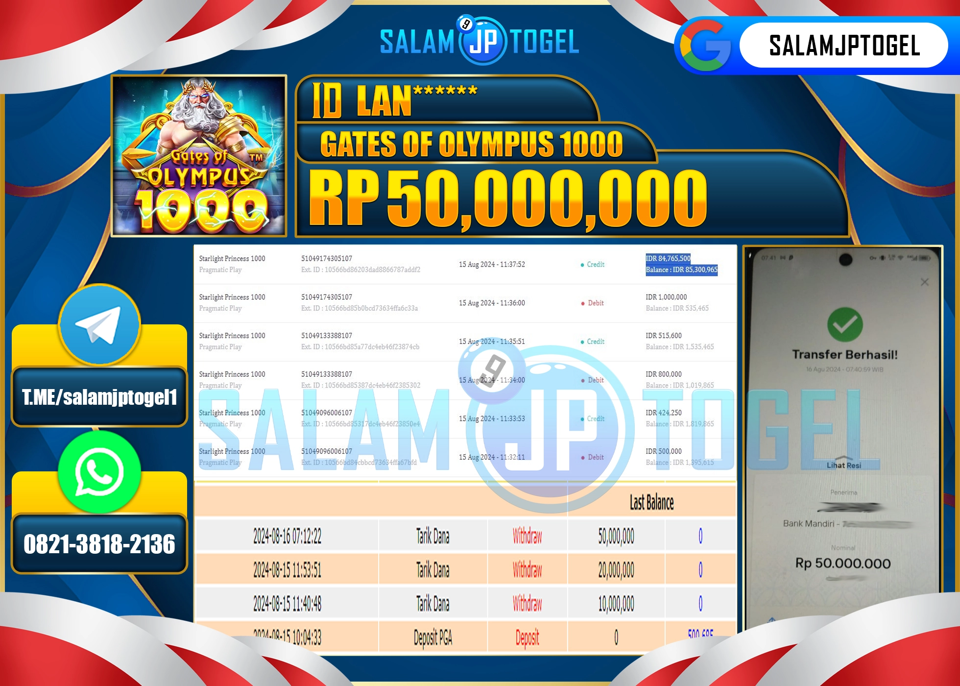 SALAMJPTOGEL MENANG Gates Of Olympus 1000 RP. 50,000,000.,LUNAS
