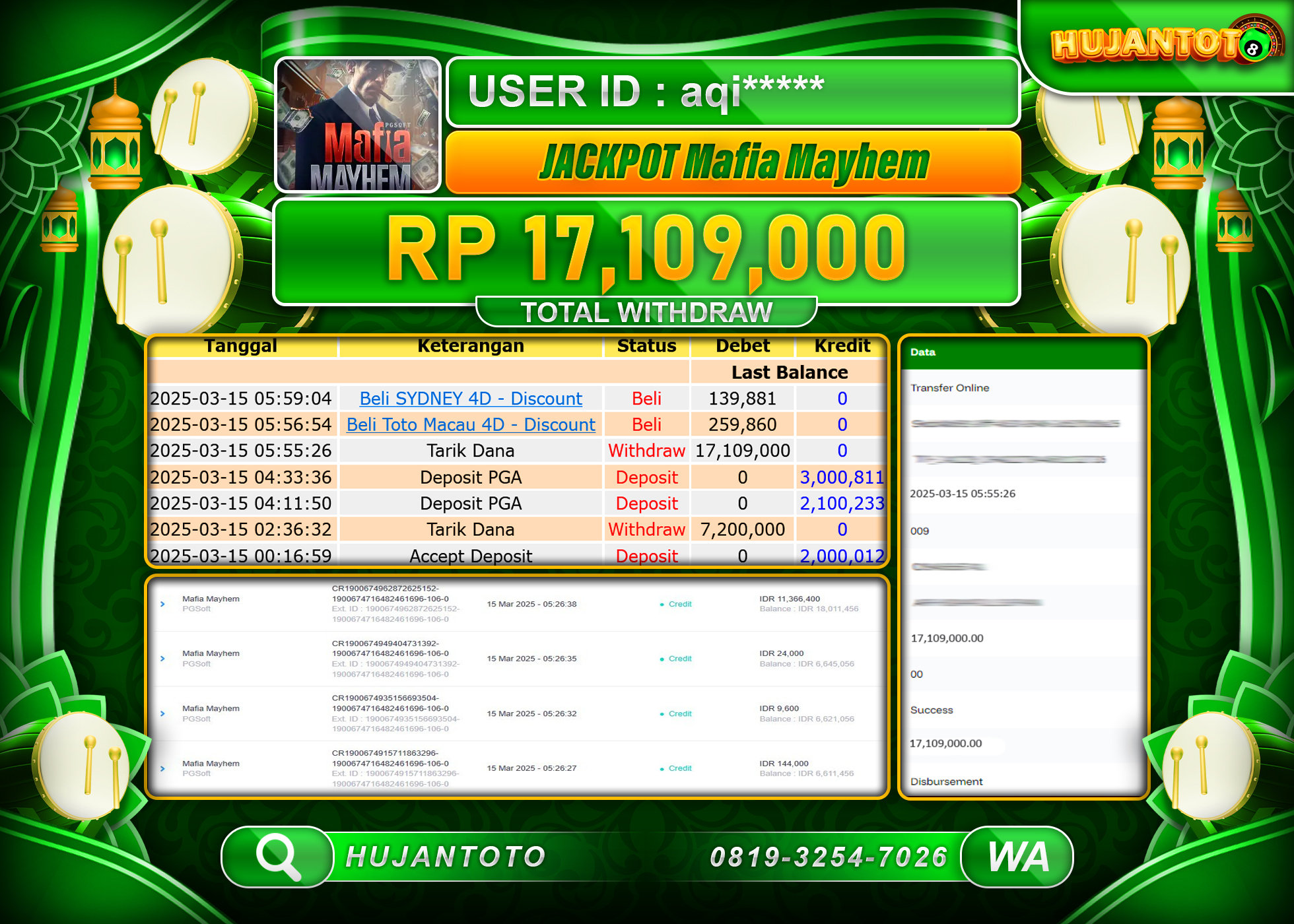 HUJANTOTO - BUKTI JACKPOT MENANG SLOT MAHJONG WAYS 2, Rp,17,109,000 - TERBAYAR LUNAS