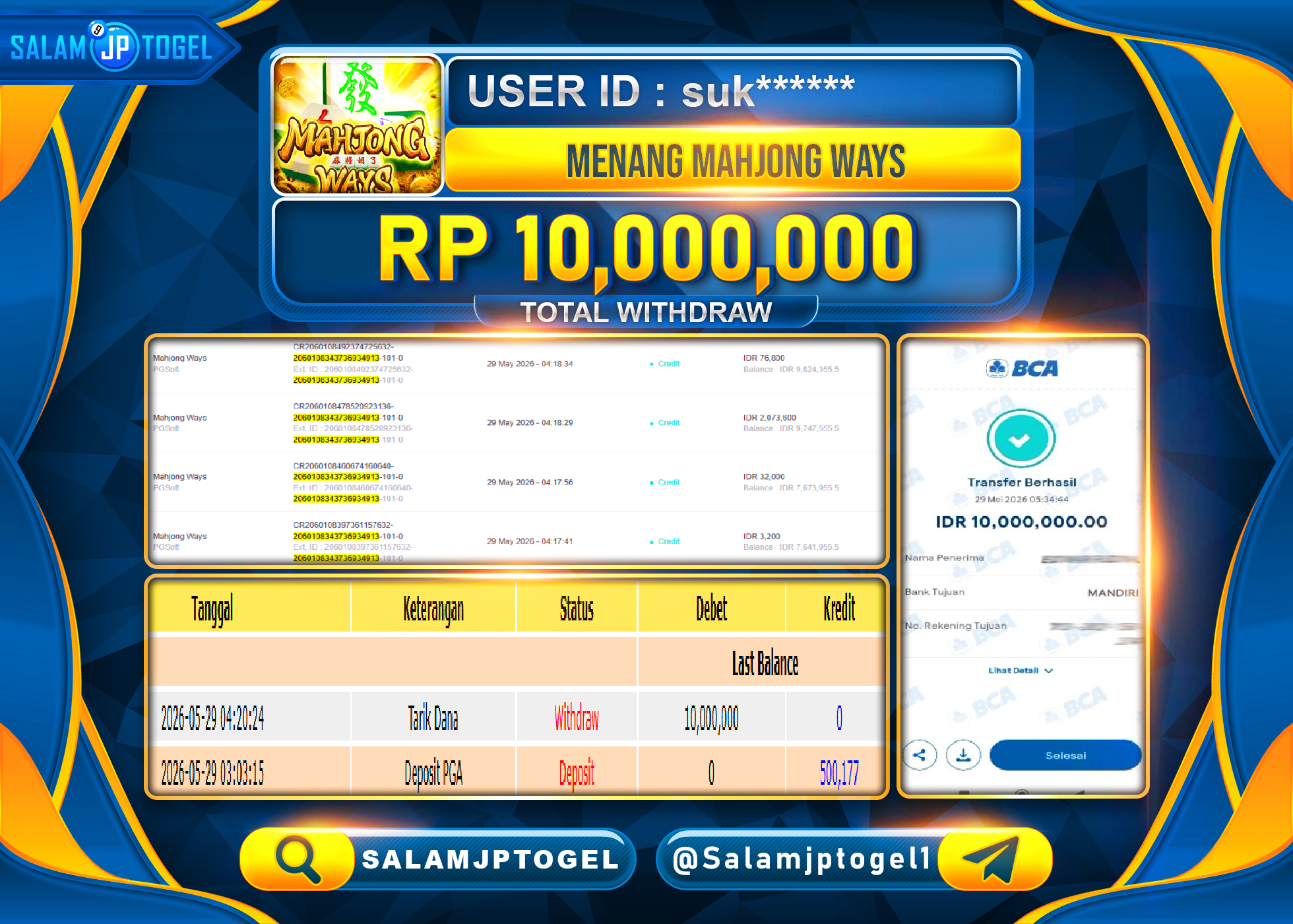 SALAMJPTOGEL JACKPOT MENANG Menang Mahjong Ways (PGSHOFT) Rp.10,000,000 - LUNAS