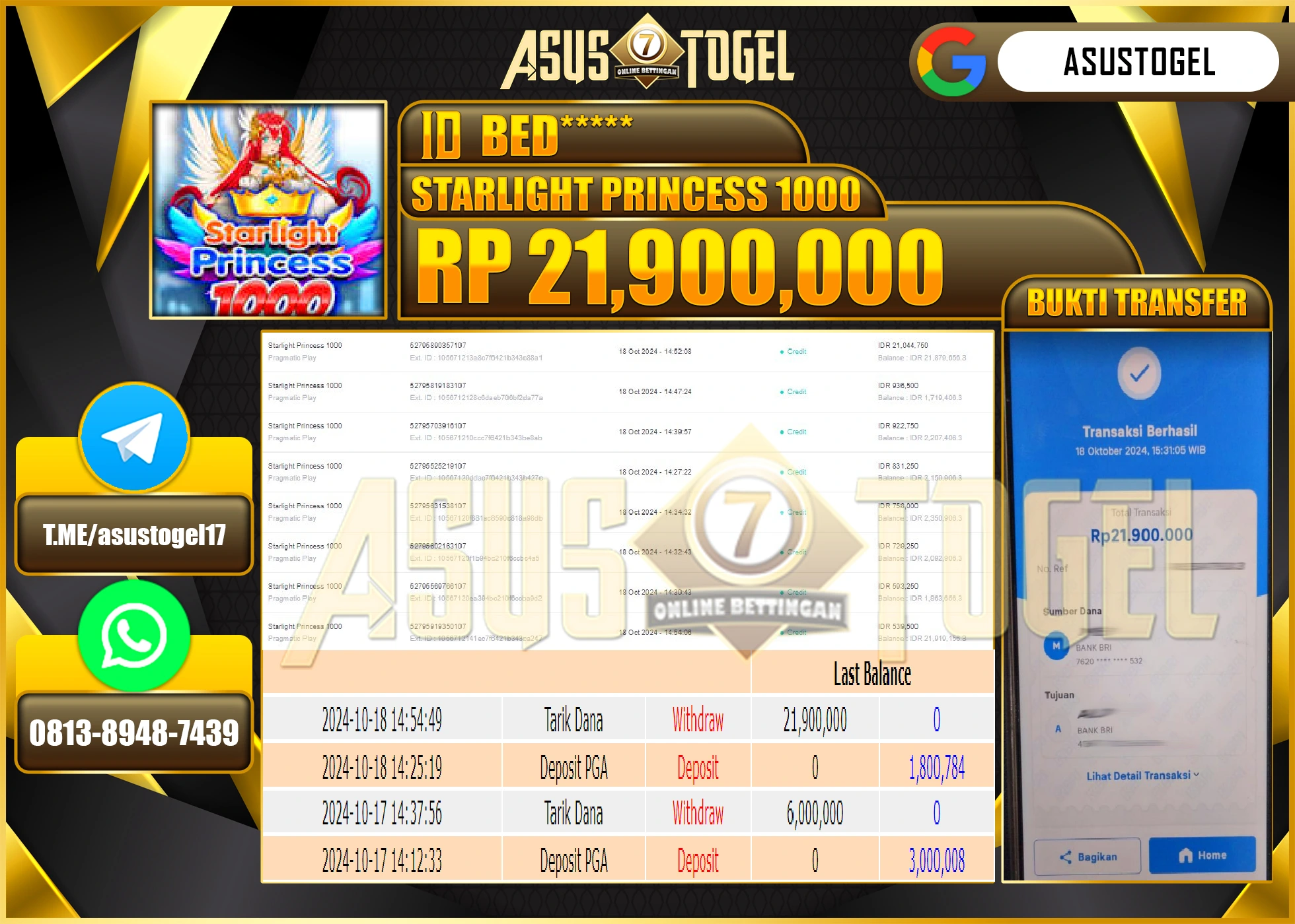 ASUSTOGEL KEMENANGAN  DI GAMES  STARLIGHT PRINCESS 1000 SEBESAR  21,900,000-- RUPIAH LUNAS