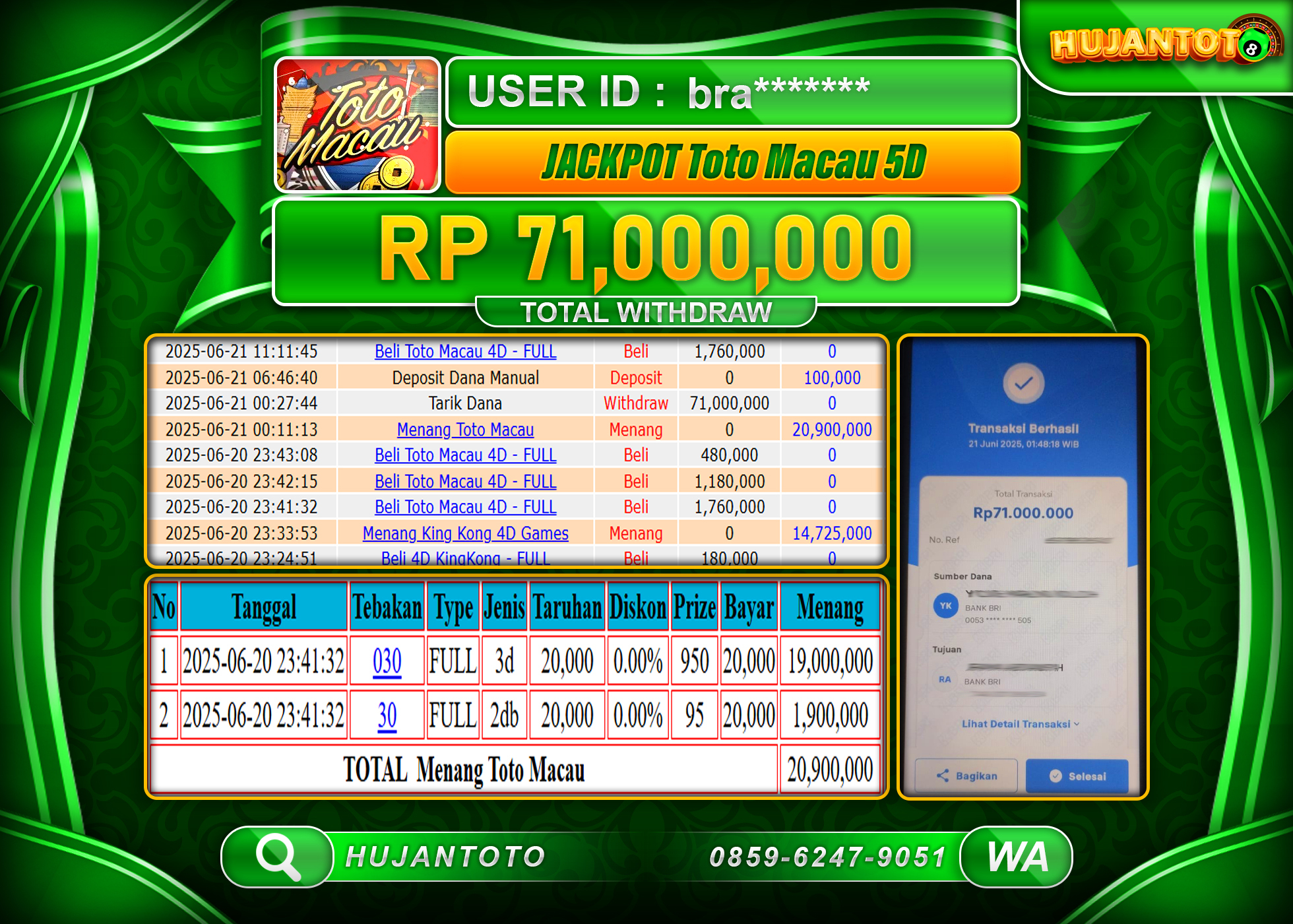 HUJANTOTO - BUKTI JACKPOT MENANG TOGEL TOTO MACAU 5D Rp.71,000,000- TERBAYAR LUNAS