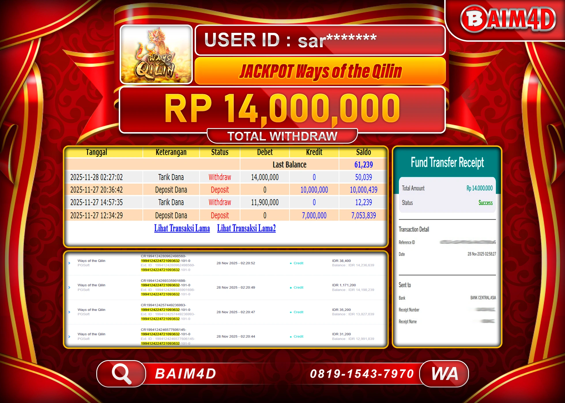 BAIM4D JACKPOT SLOT WAYS OF THE QILIN Rp.14,000,000 - LUNAS
