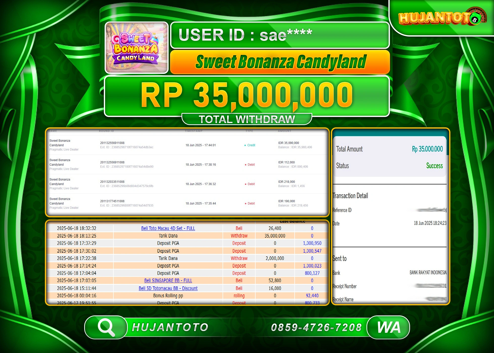 HUJANTOTO - BUKTI JACKPOT MENANG SLOT SWEET BONANZA CANDYLAND Rp.35,000,000 - TERBAYAR LUNAS
