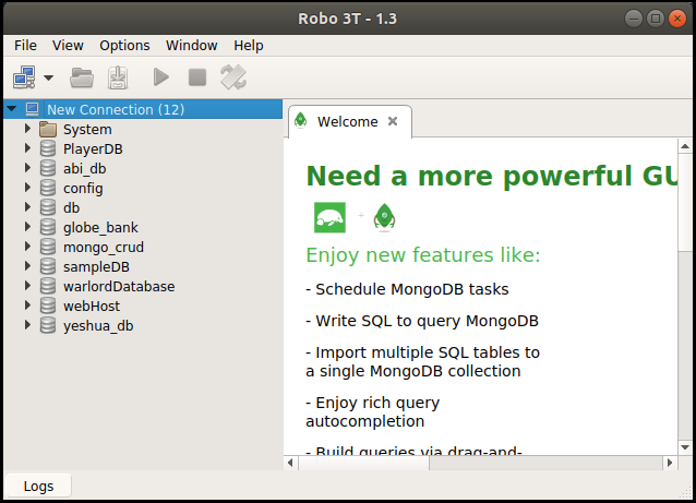 Robo 3T lists all available databases within MongoDB on the left side pane of the window