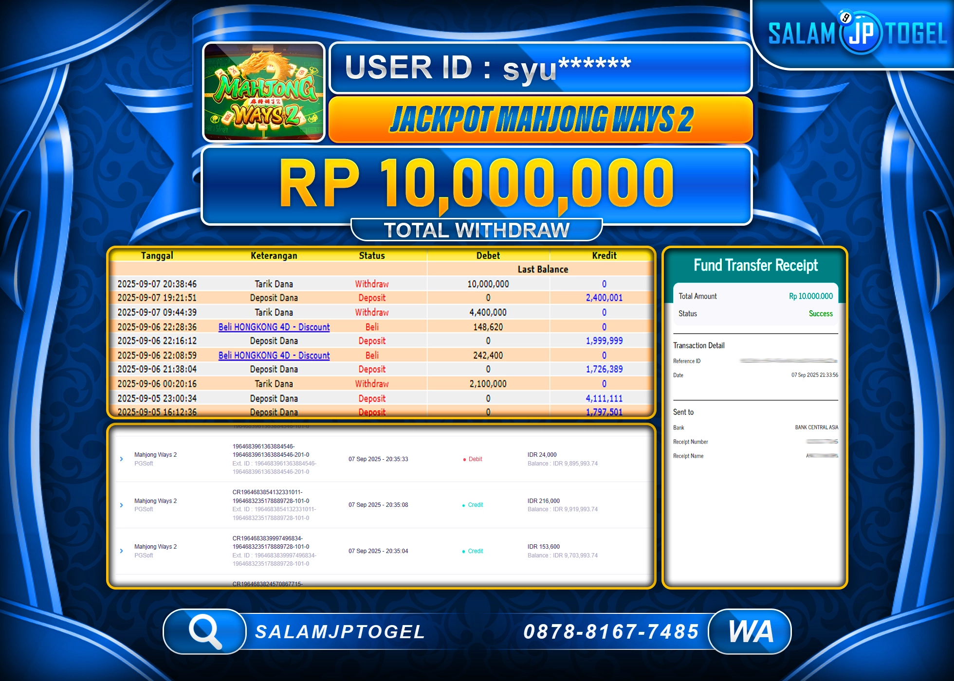 SALAMJPTOGEL MENANG MAHJONG WAYS 2 PGSOFT  Rp.10,000,000