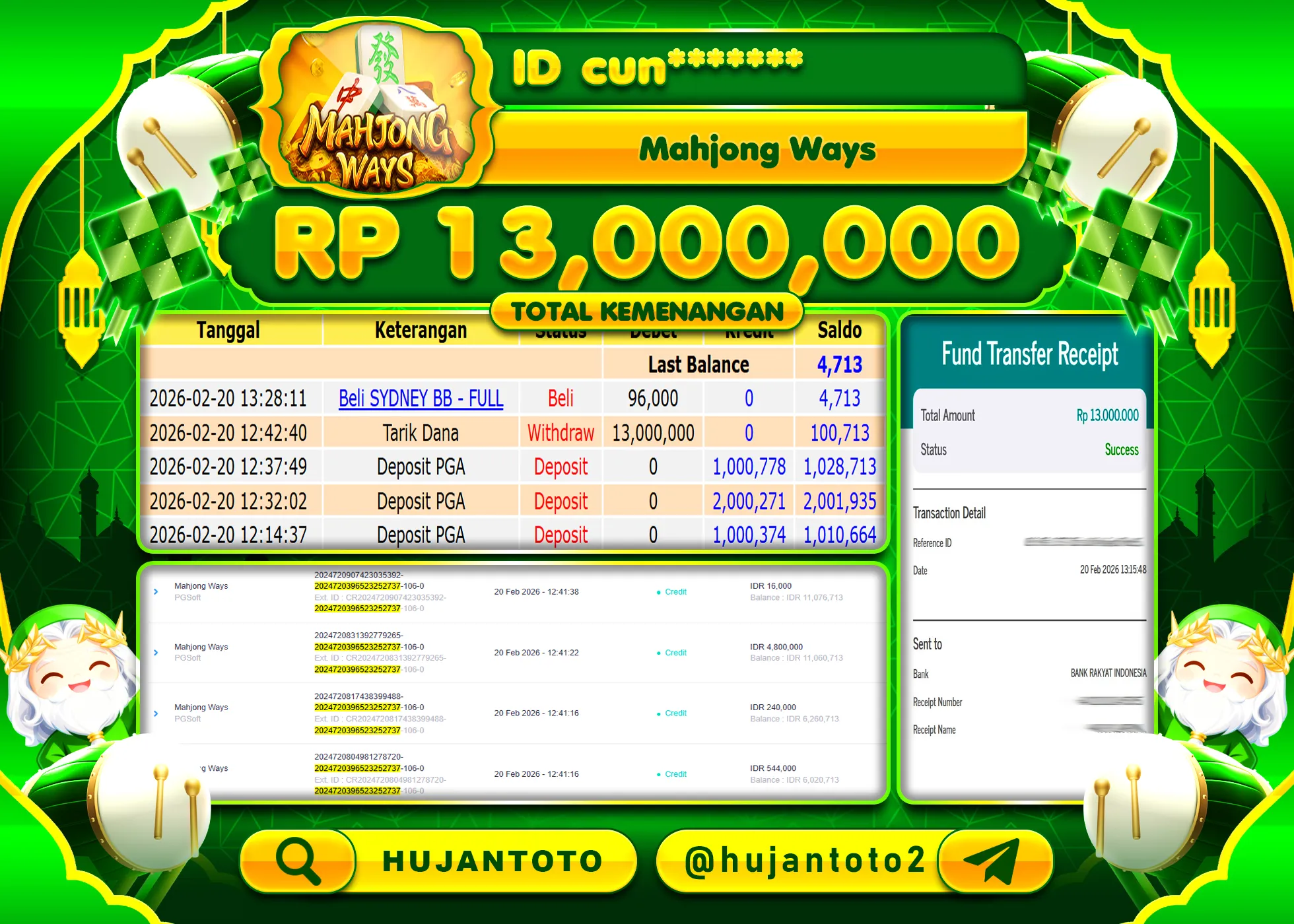 HUJANTOTO - BUKTI JACKPOT MENANG SLOT MAHJONG WAYS Rp.13,000,000 - TERBAYAR LUNAS