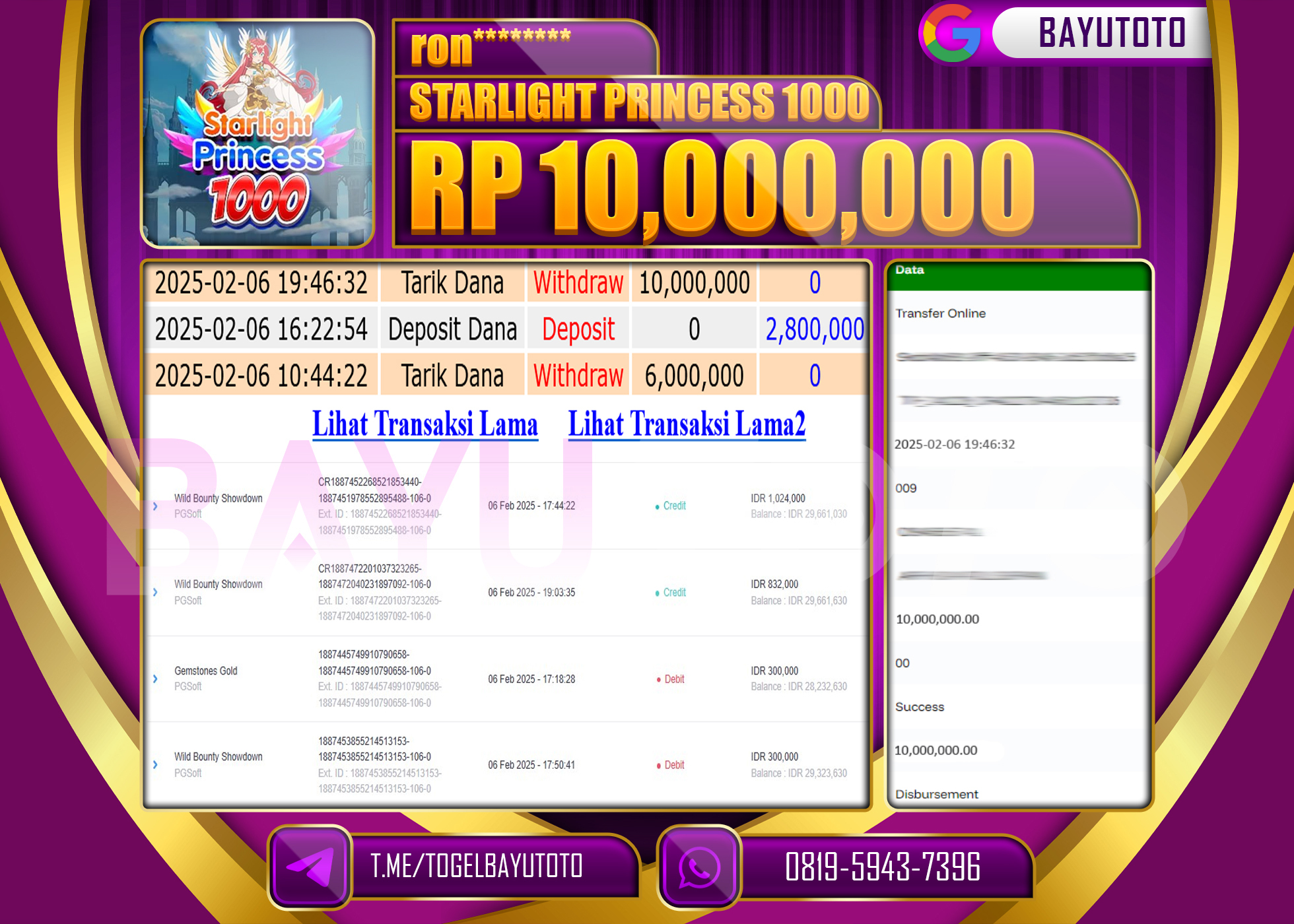 BAYUTOTO JACKPOT DI GAME STARLIGHT PRINCESS 1000  Rp.10.000.000 LUNAS