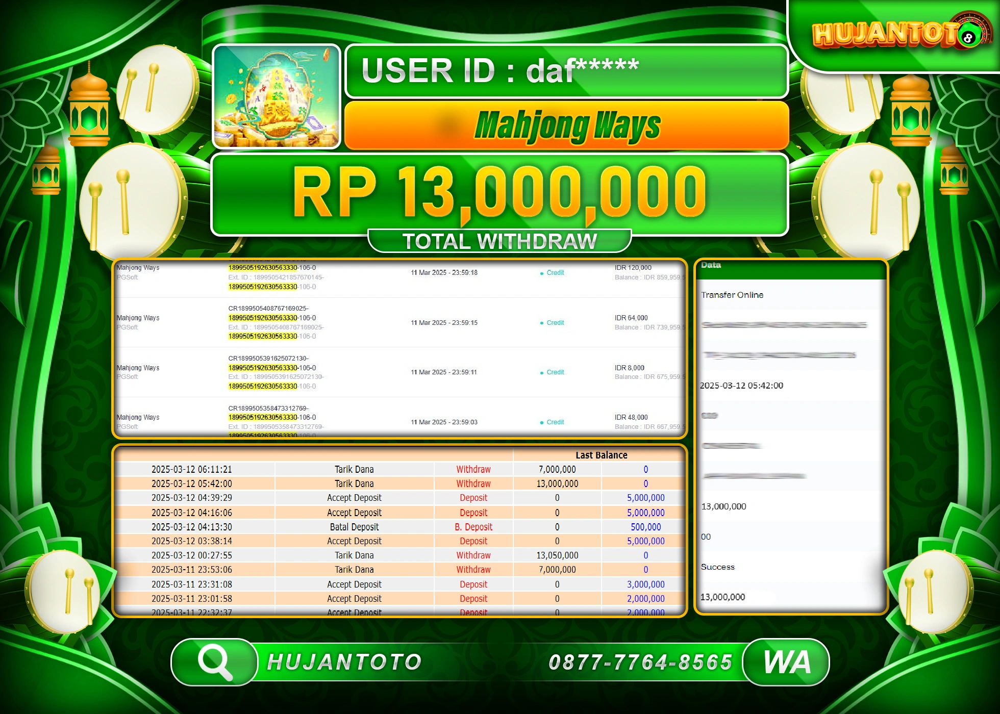 HUJANTOTO - BUKTI JACKPOT MENANG SLOT MAHJONG WAYS Rp,13,000,000 - TERBAYAR LUNAS