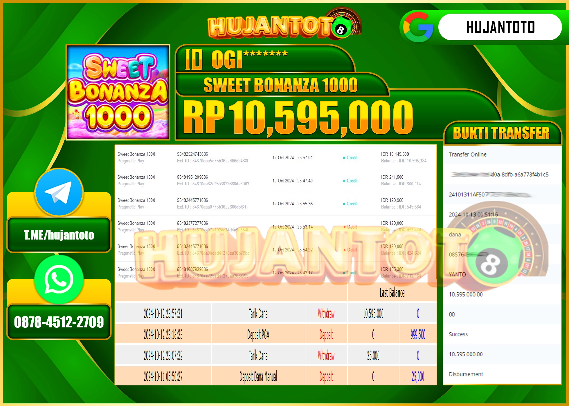 HUJANTOTO MENANG DI SLOT SWEET BONANZA 1000  - 10,595,000- LUNAS 