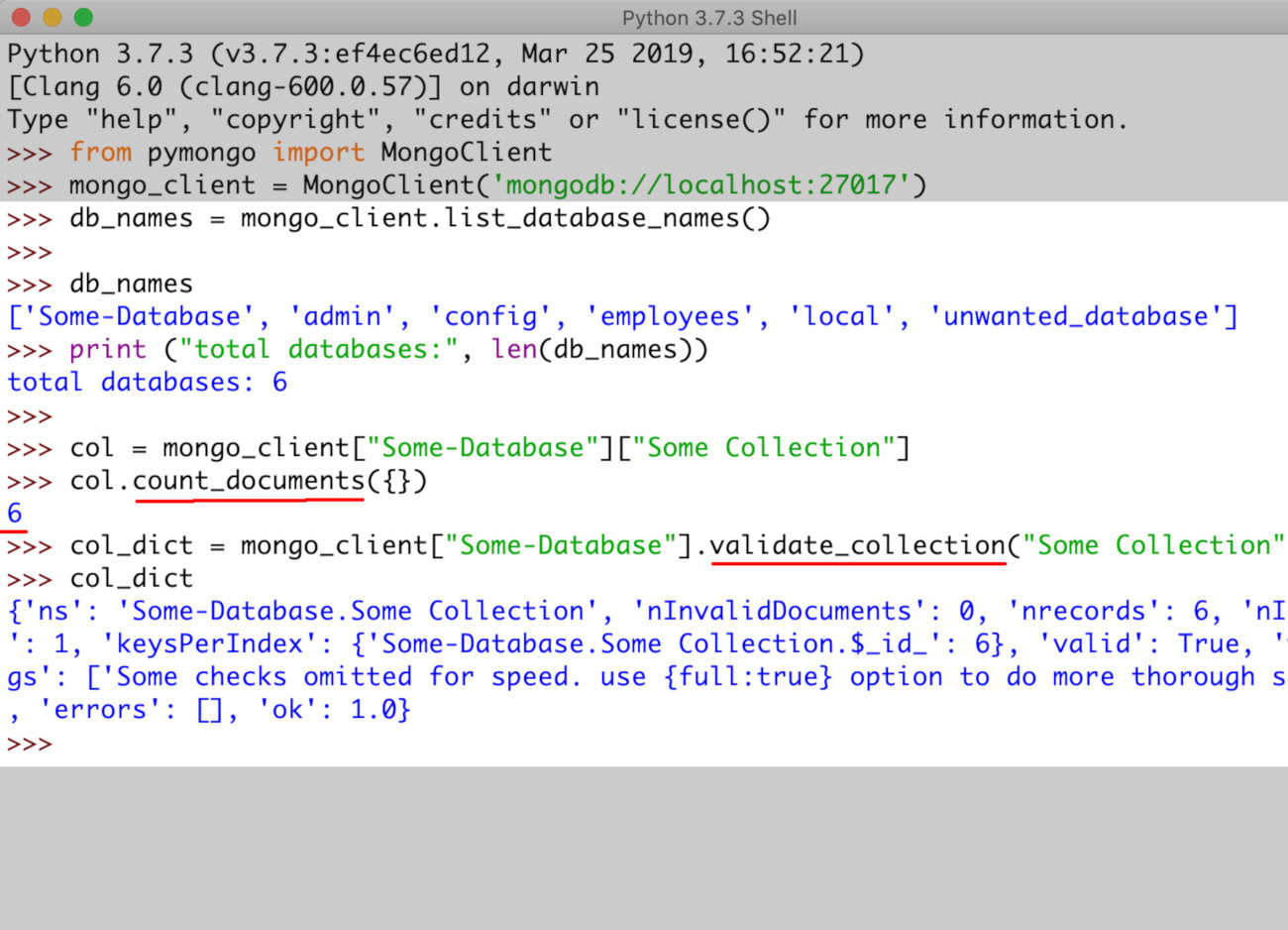 Screenshot of IDLE counting documents and using validate_collection() on a MongoDB collection