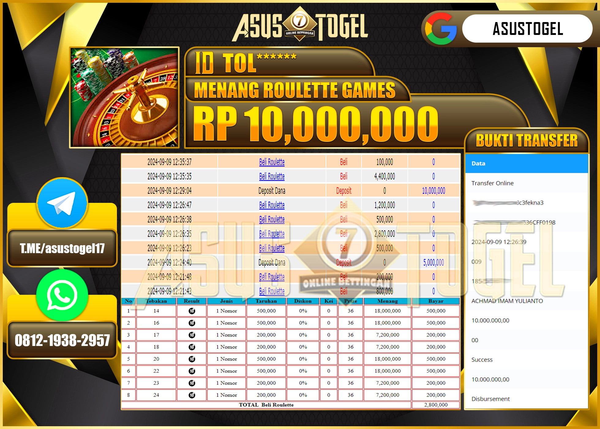 ASUSTOGEL KEMENANGAN DI LIVEGAME ROULETTE GAMES SEBESAR  10,000,000- RUPIAH LUNAS
