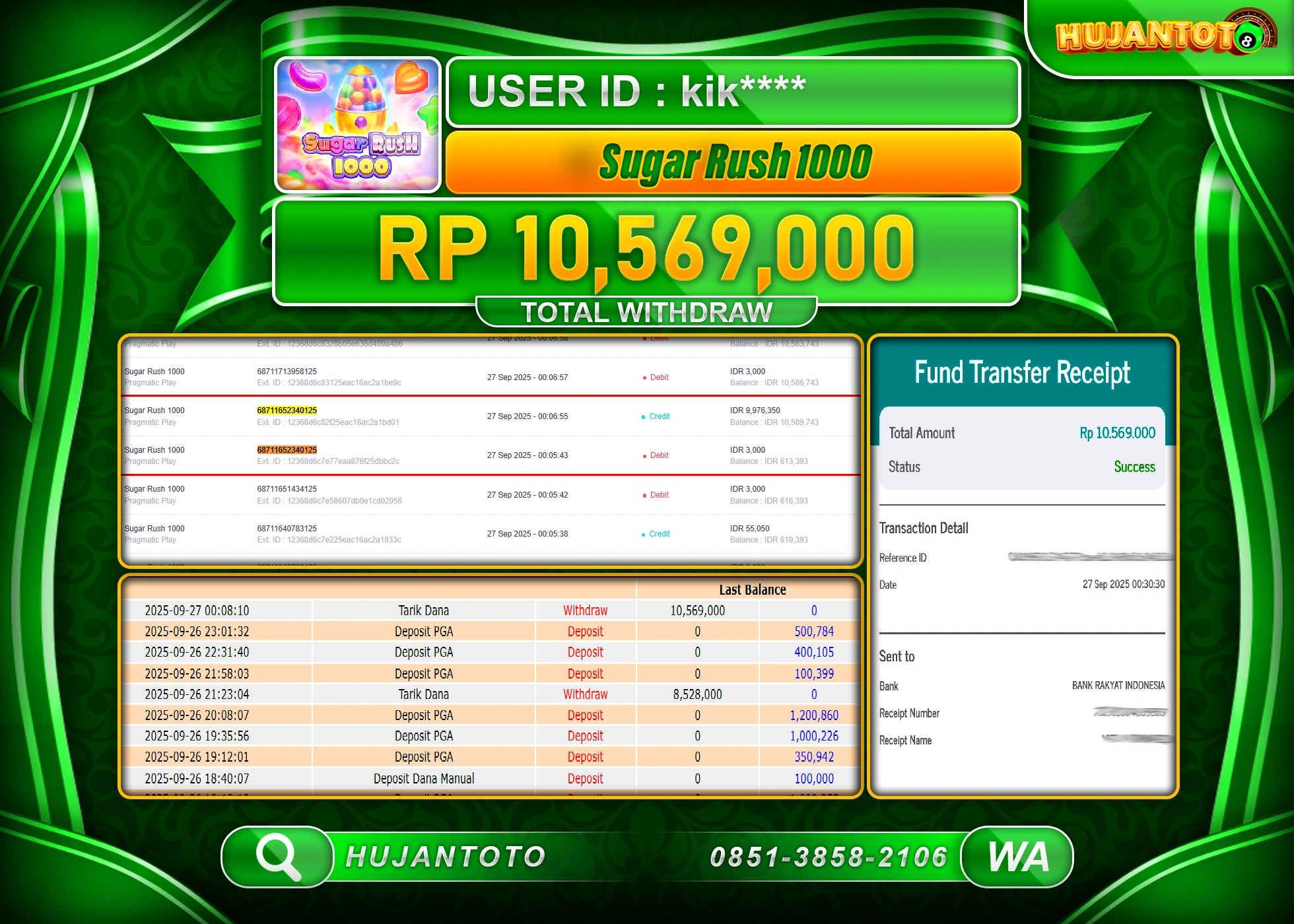 HUJANTOTO - BUKTI JACKPOT MENANG SLOT SUGAR RUSH 1000 Rp.10,569,000 - TERBAYAR LUNAS