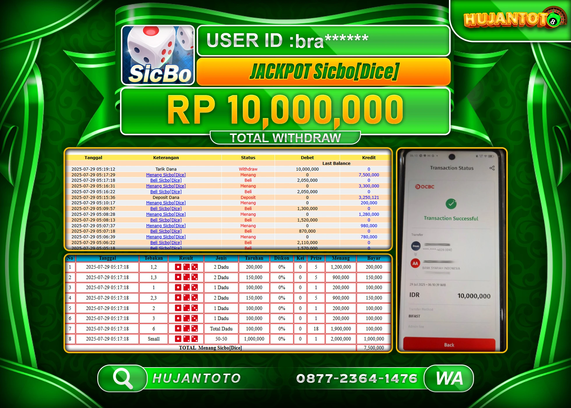 HUJANTOTO - BUKTI JACKPOT MENANG LIVEGAMES SICBO DICE Rp.10,000,000 - TERBAYAR LUNAS