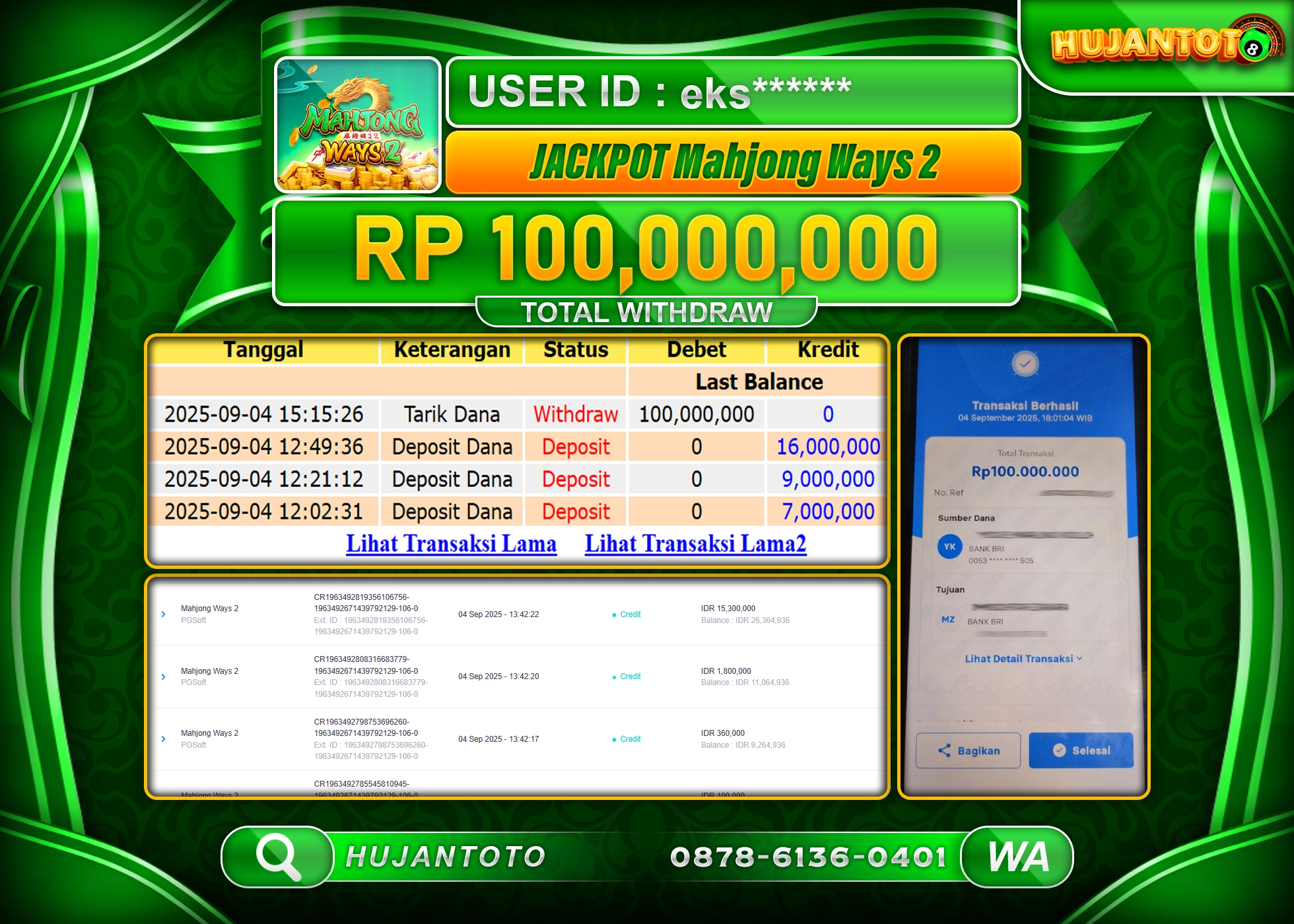 HUJANTOTO - BUKTI JACKPOT MENANG SLOT MAHJONG WAYS 2 PG SOFT Rp.100,000,000 - TERBAYAR LUNAS