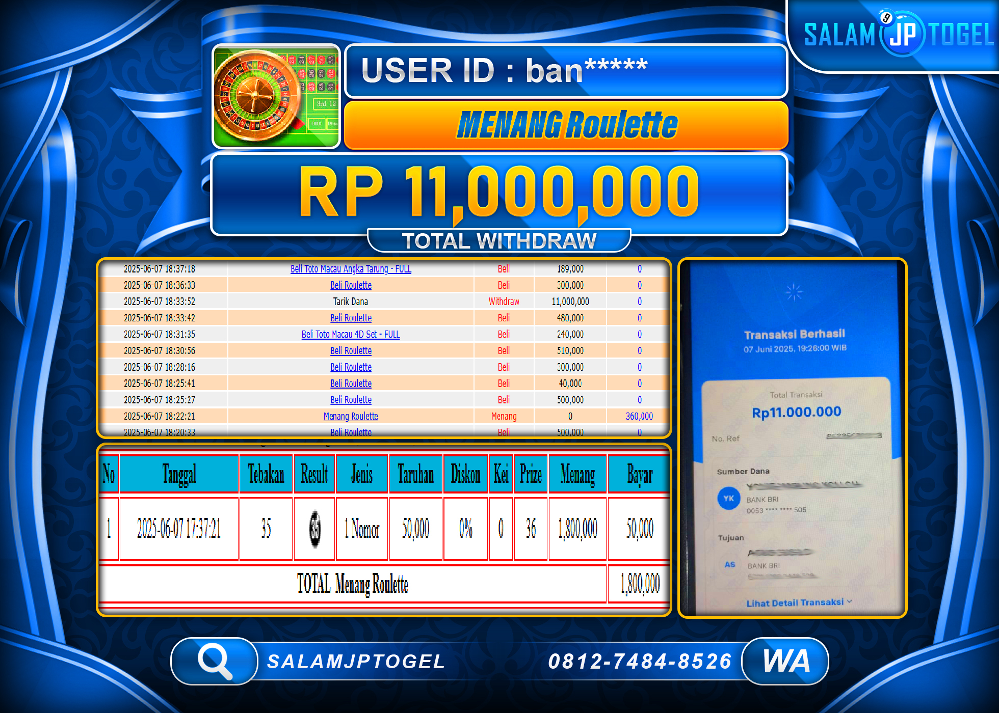 SALAMJPTOGEL MENANG ROULETTE  Rp.11,000,000 LUNAS