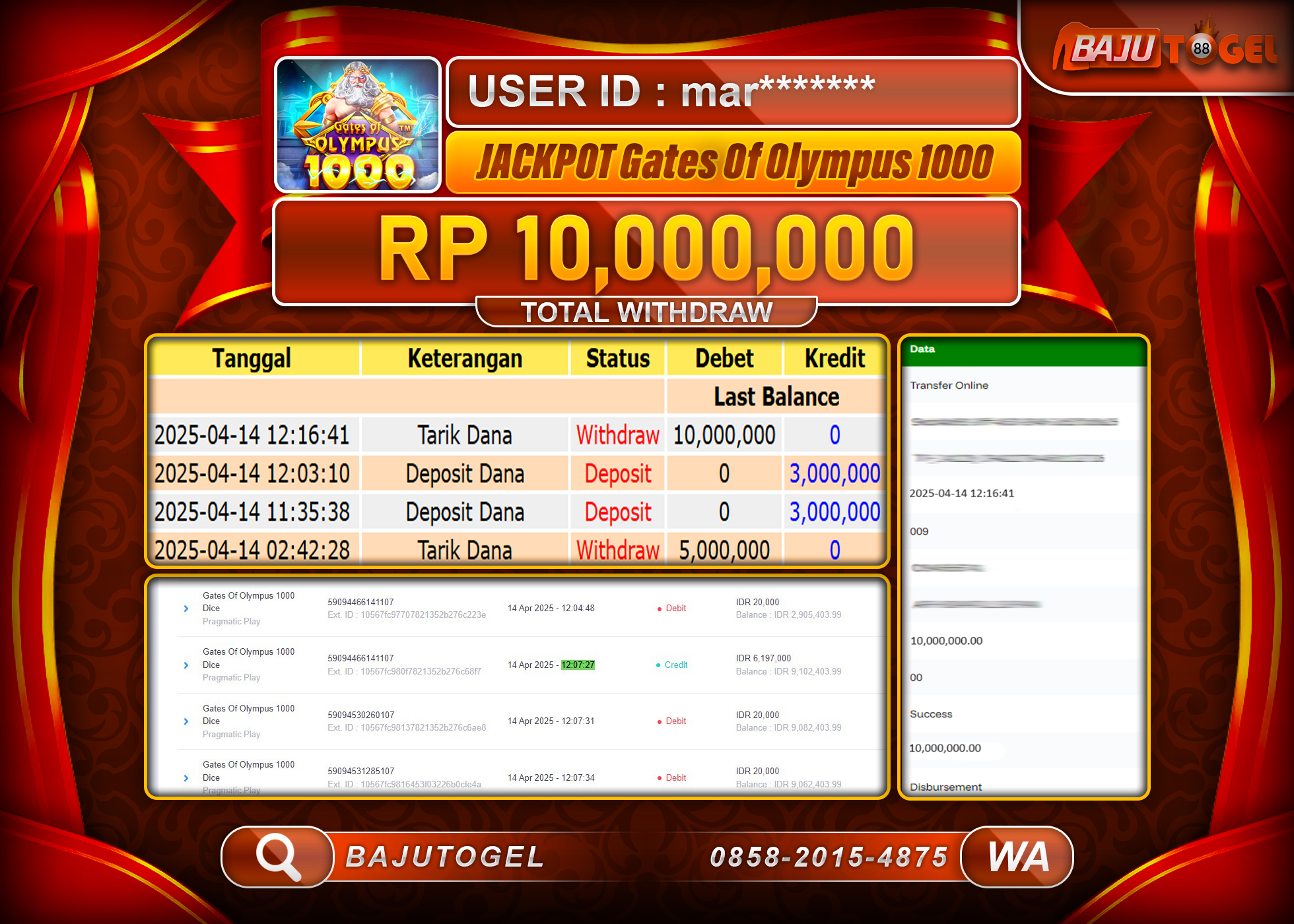 BAJUTOGEL KEMENANGAN GATES OF OLYMPUS 1000 Rp.10.000.000 LUNAS