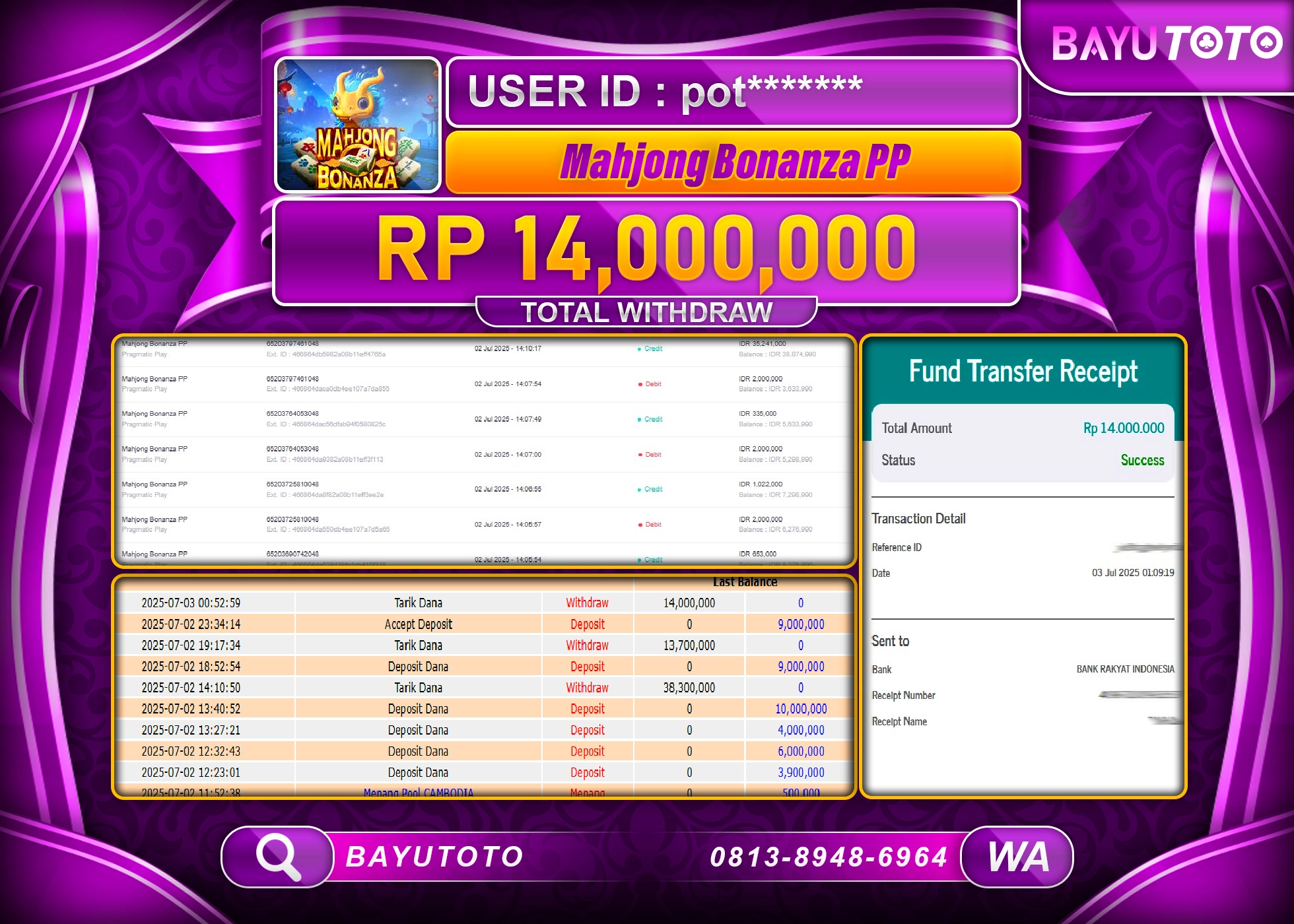 BAYUTOTO JACKPOT DI SLOT MAHJONG BONANZA  Rp.14,000,000 LUNAS