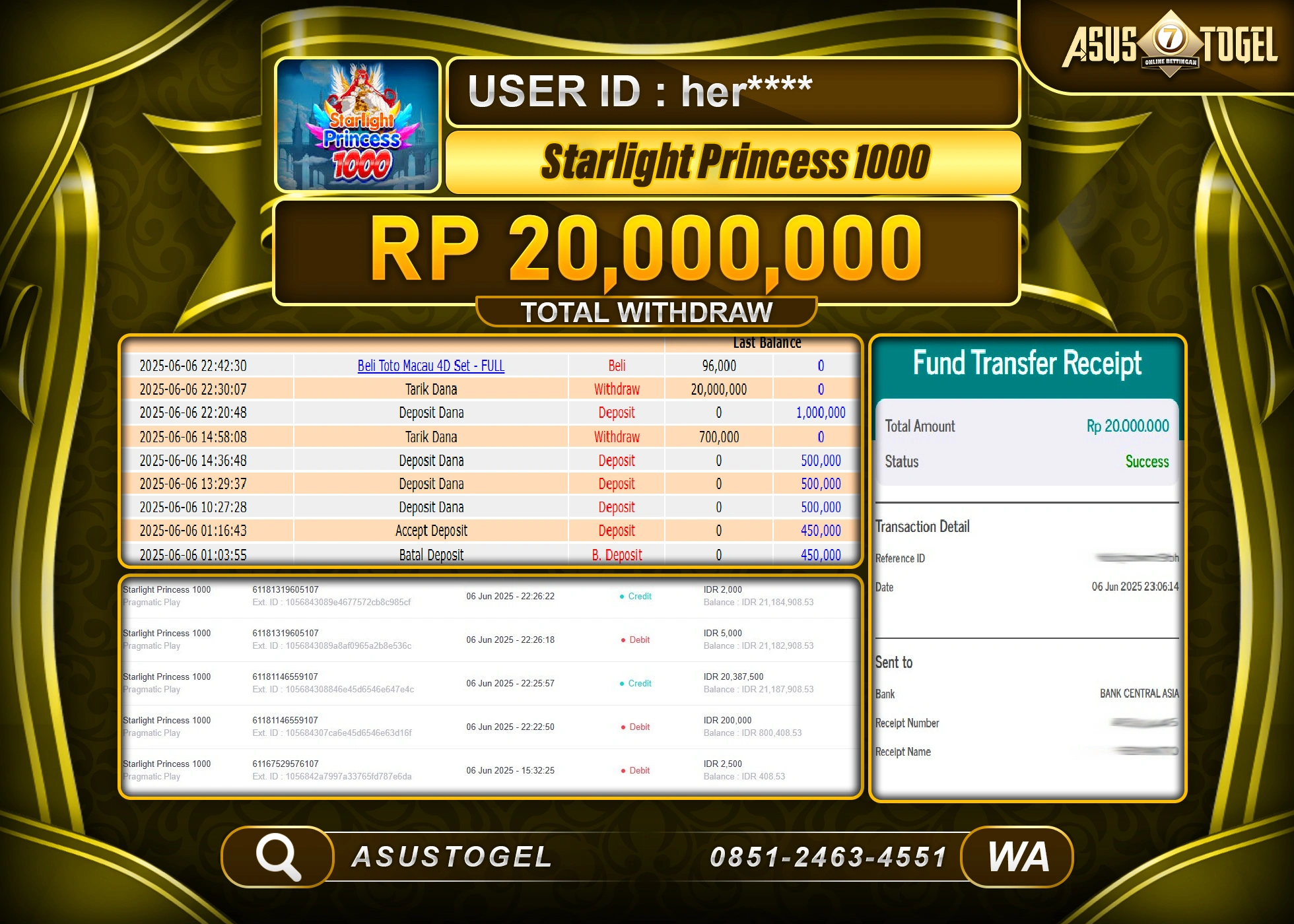 ASUSTOGEL KEMENANGAN DI SLOT STARLIGHT PRINCESS 1000 SEBESAR 20,000,000- RUPIAH LUNAS