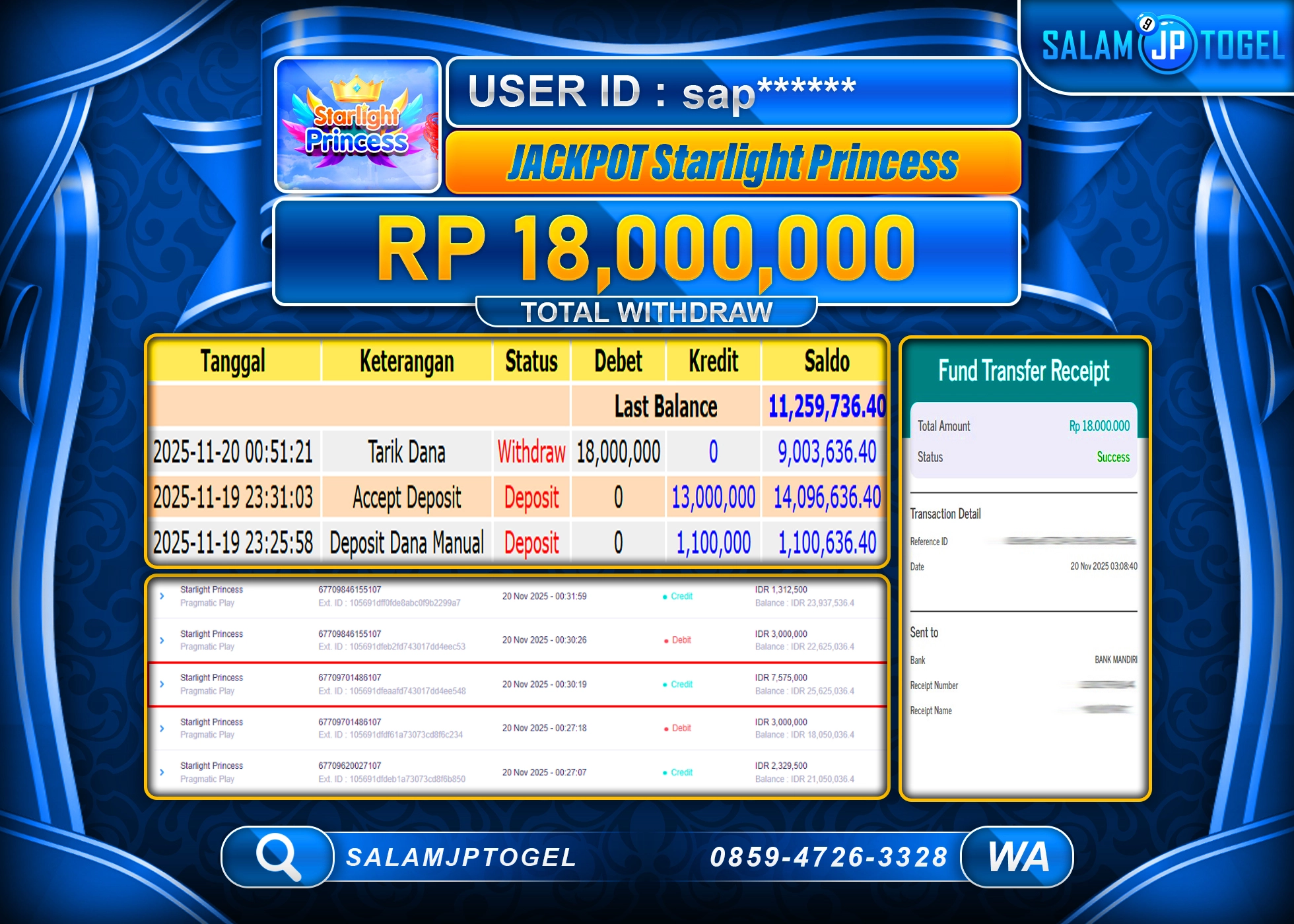 SALAMJPTOGEL MENANG SLOT STARLIGHT PRINCESS Rp.18,000,000  - LUNAS