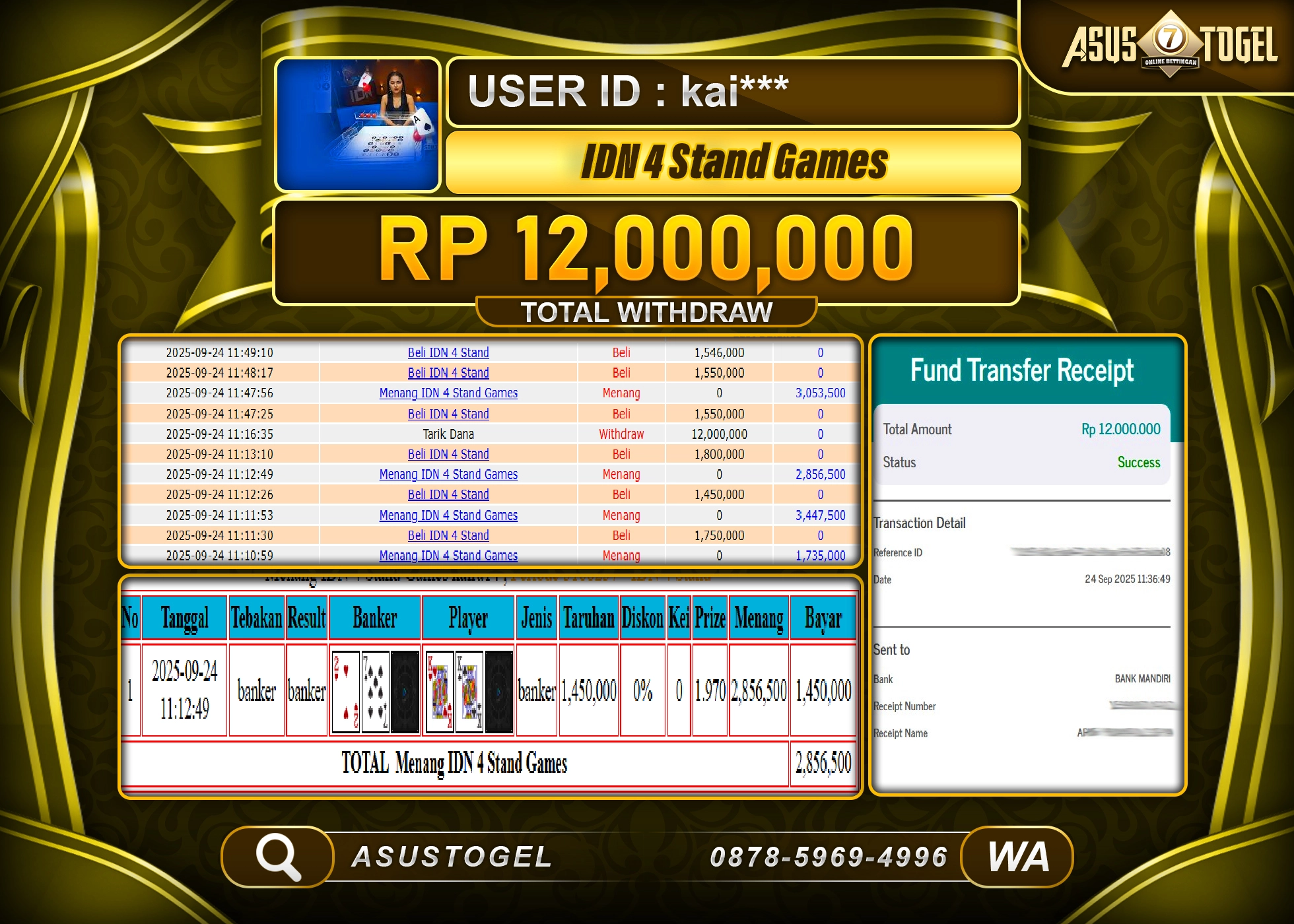 ASUSTOGEL KEMENANGAN DI LIVE GAMES IDN 4 STAND SEBESAR 12,000,000- RUPIAH LUNAS