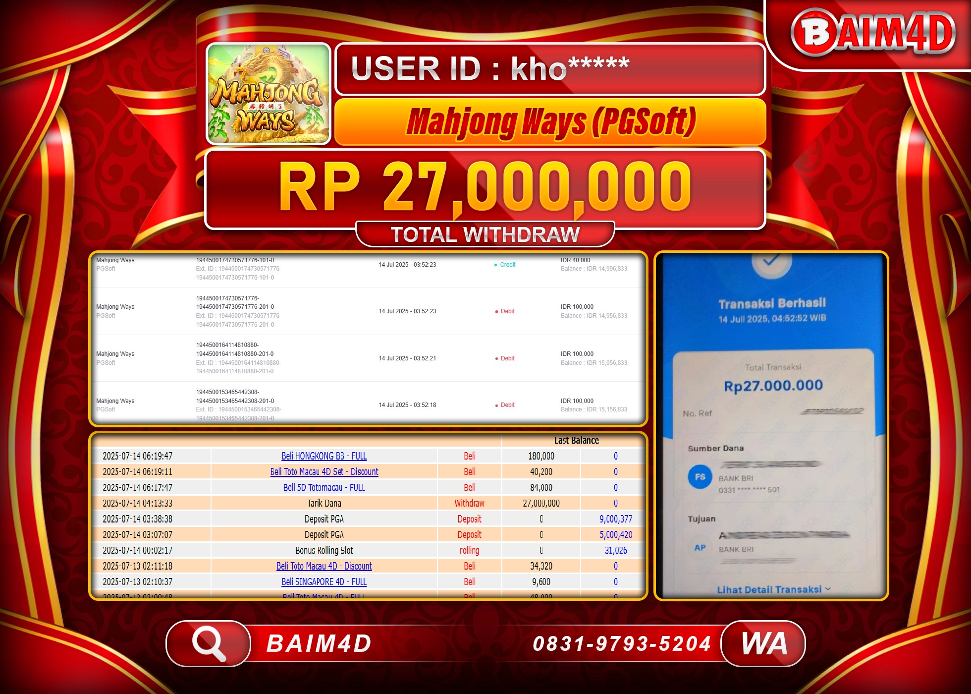 BAIM4D JACKPOT SLOT MAHJONG WAYS- PG SOFT  Rp.27,000,000.- LUNAS