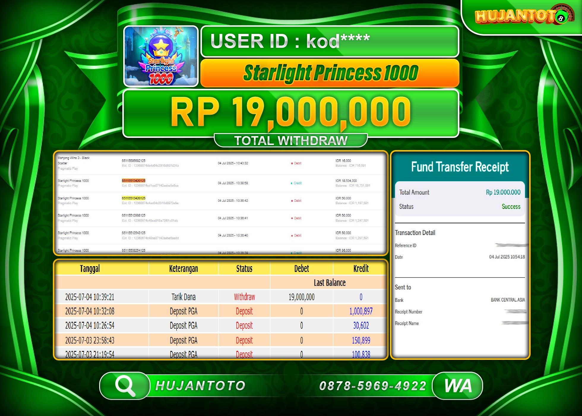 HUJANTOTO - BUKTI JACKPOT MENANG SLOT STARLIGT PRINCESS 1000 Rp.19,000,000 - TERBAYAR LUNAS