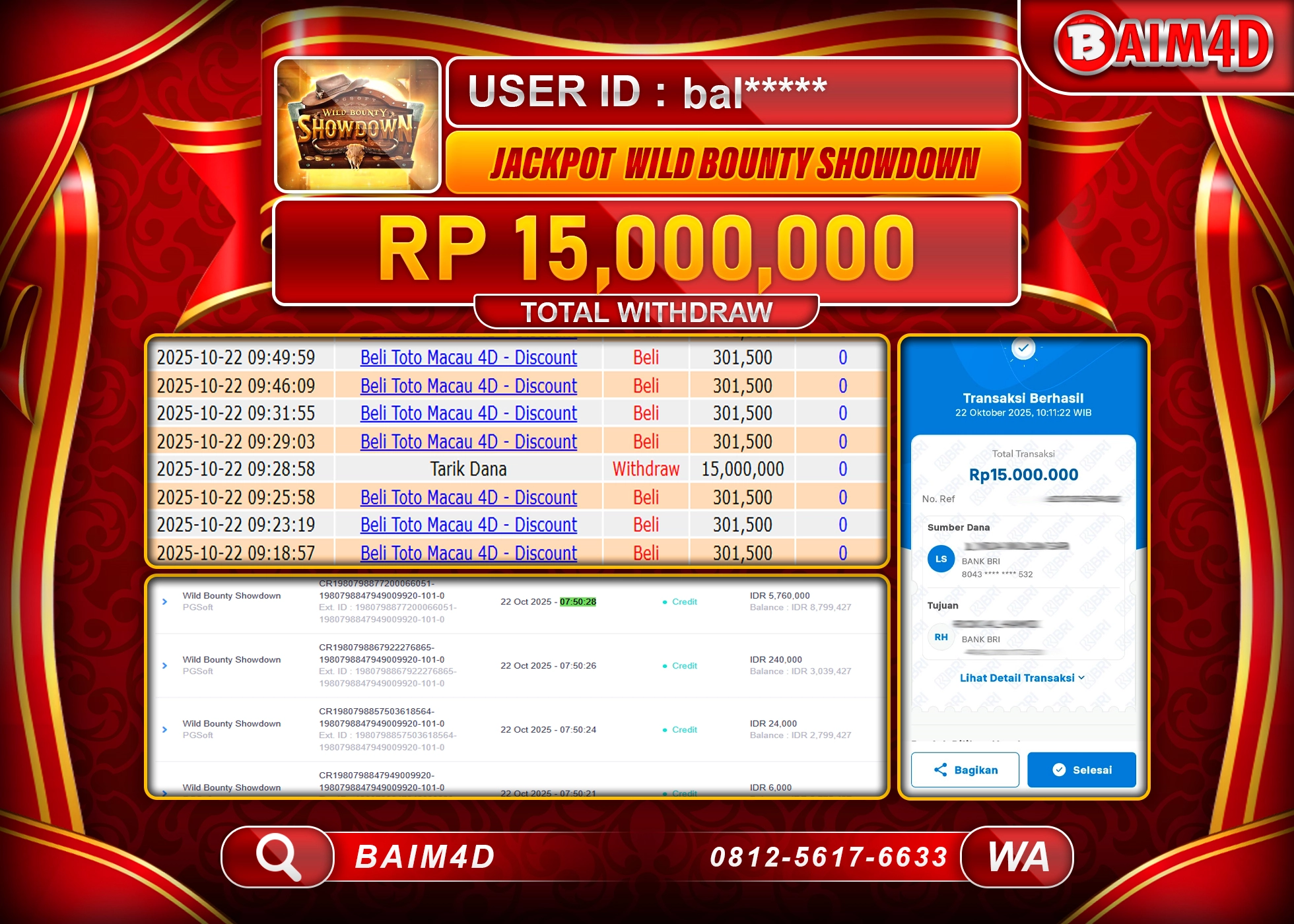 BAIM4D JACKPOT SLOT WILD BOUNTY SHOWDOWN Rp.15,000,000.- LUNAS
