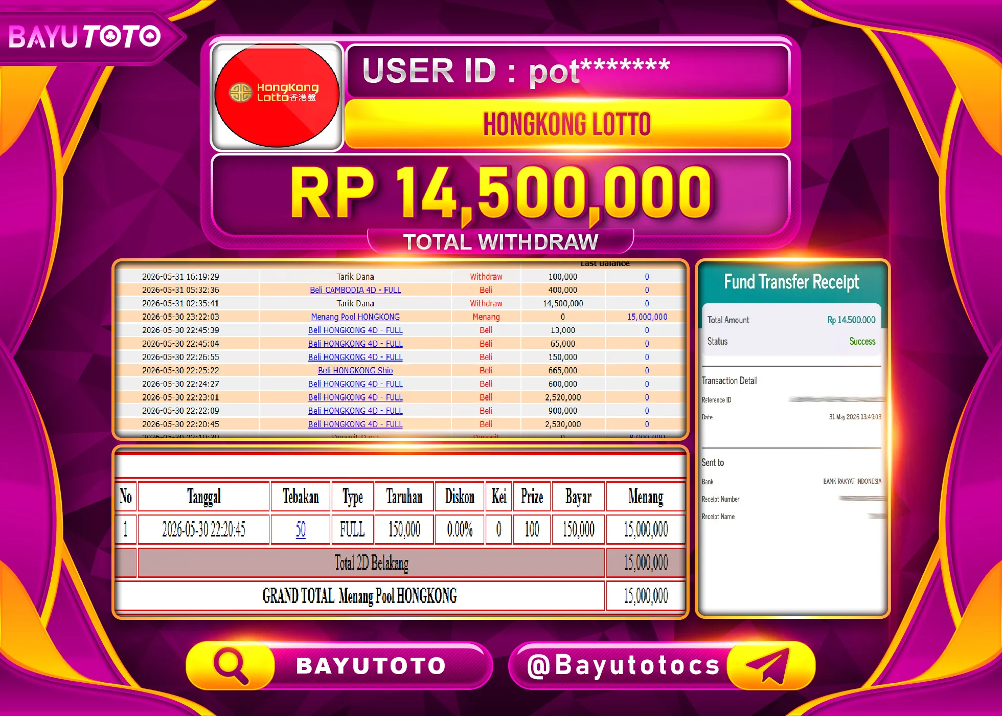 SELAMAT MEMBER SETIA BAYUTOTO JACKPOT DI TOGEL HONGKONG  LOTTO Rp. 14,500,000 LUNAS