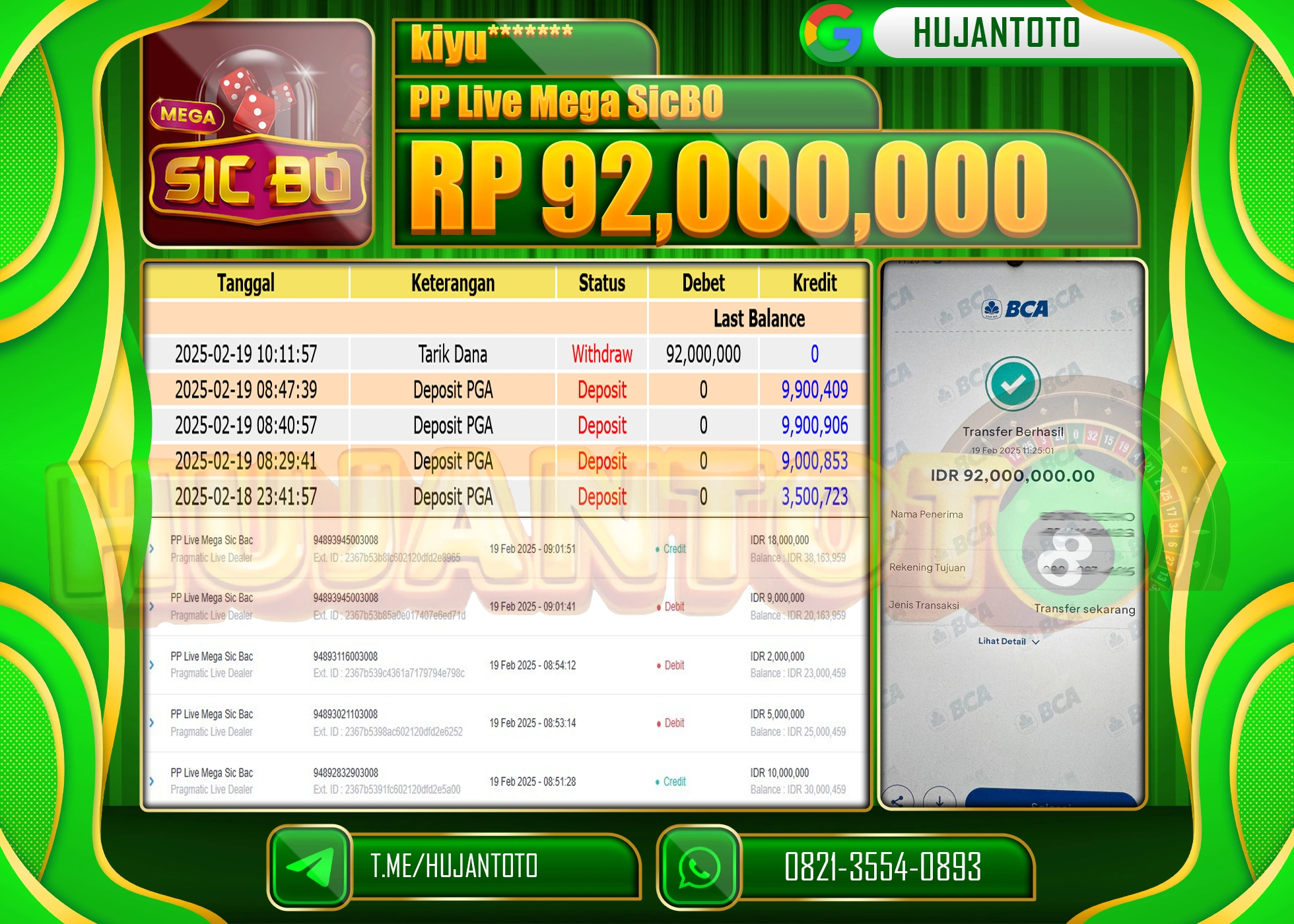 HUJANTOTO - BUKTI JACKPOT MENANG PRAGMATIC PLAY LIVE MEGA SICBO Rp,92,000,000- TERBAYAR LUNAS