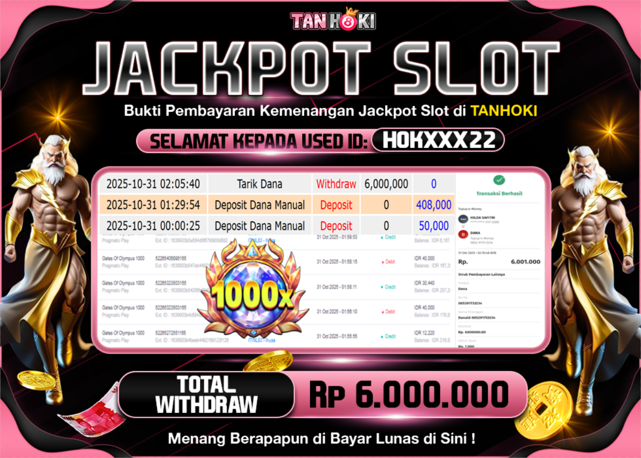 TANHOKI JACKPOT SLOT GATES OF OLYMPUS 1000 Rp..6.000.000,- LUNAS