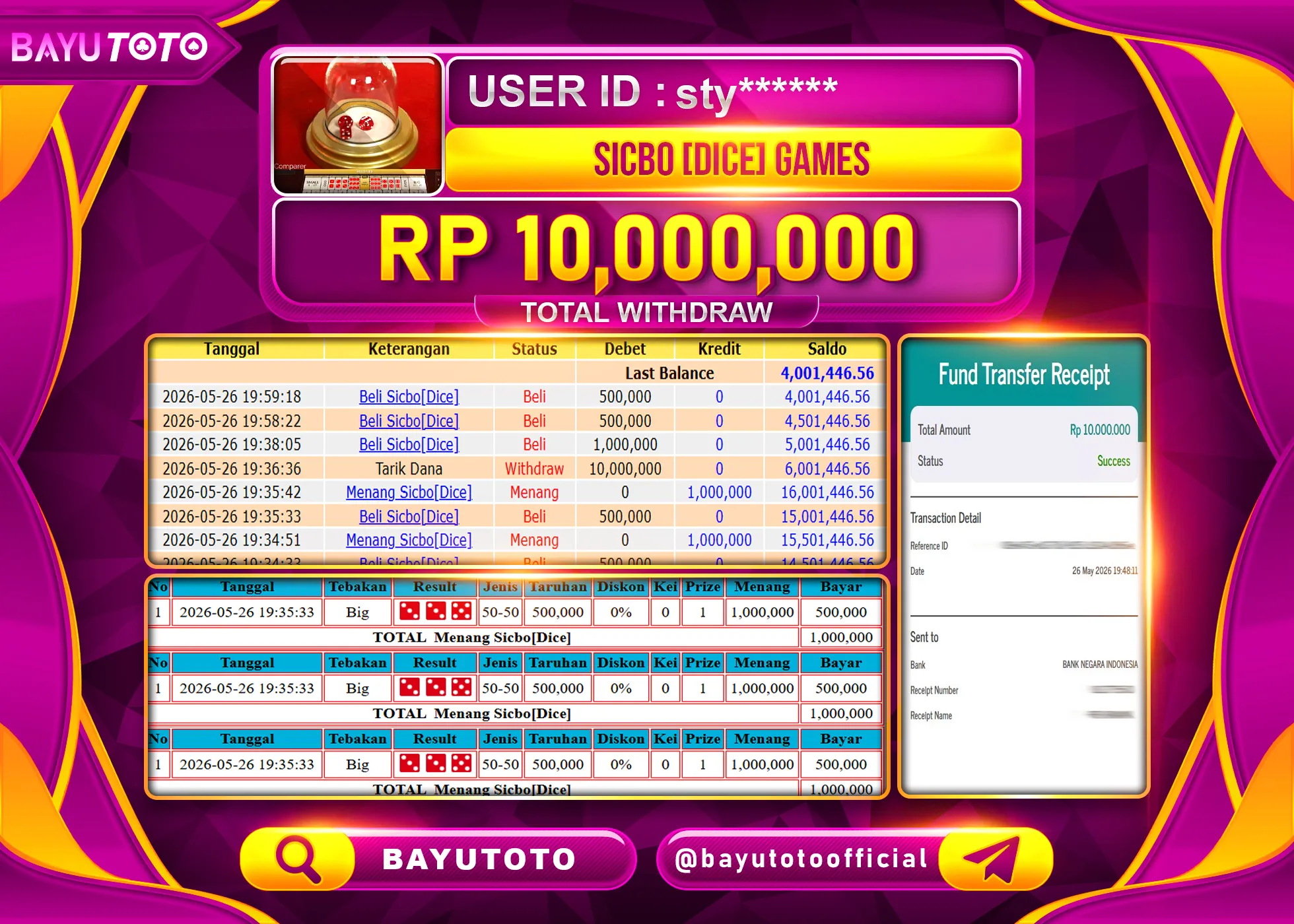 SELAMAT MEMBER SETIA BAYUTOTO JACKPOT DI LIVEGAMES SICBO DICE Rp. 10,000,000 LUNAS