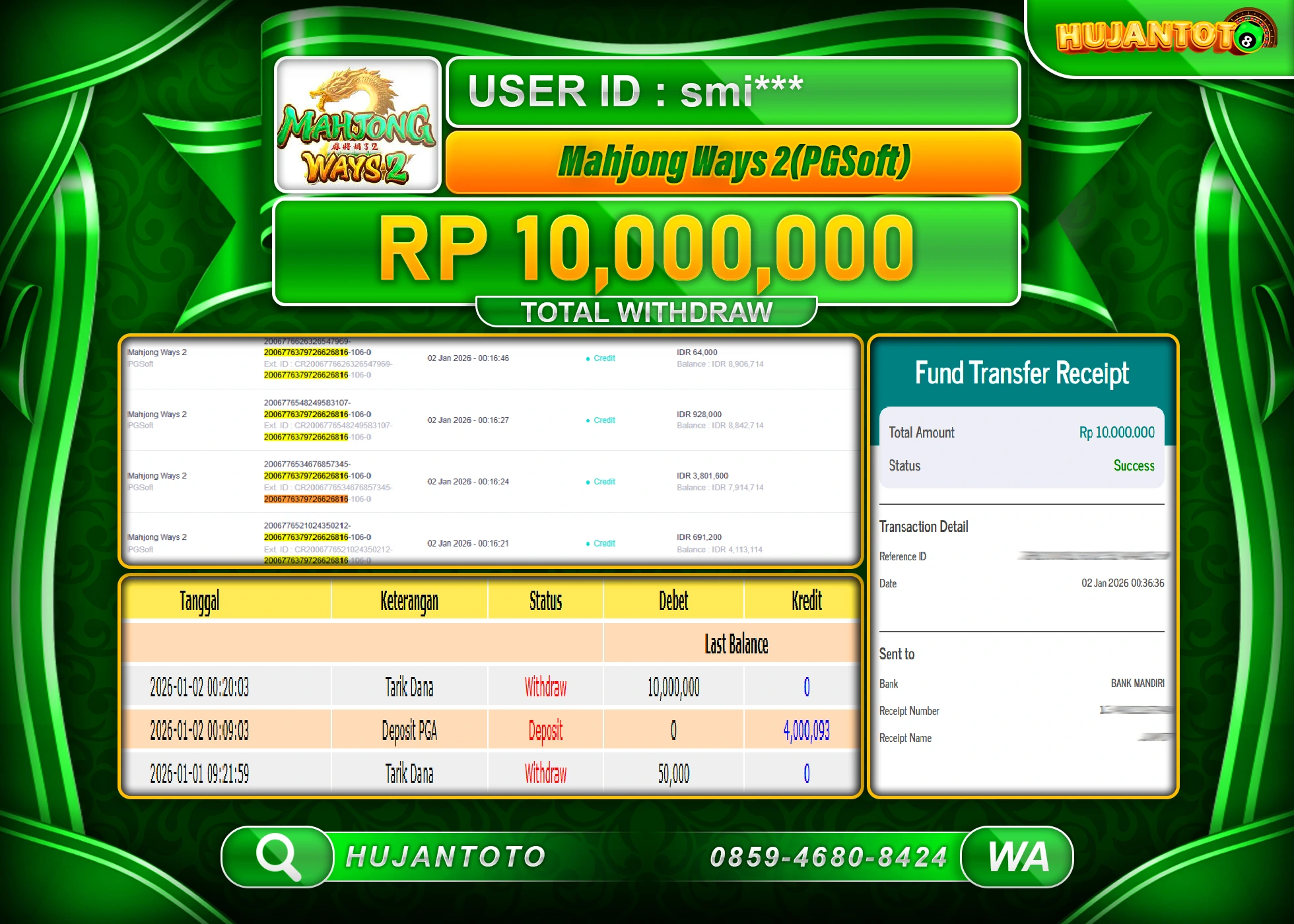 HUJANTOTO - BUKTI JACKPOT MENANG SLOT MAHJONG WAYS 2 Rp.10,000,000 - TERBAYAR LUNAS