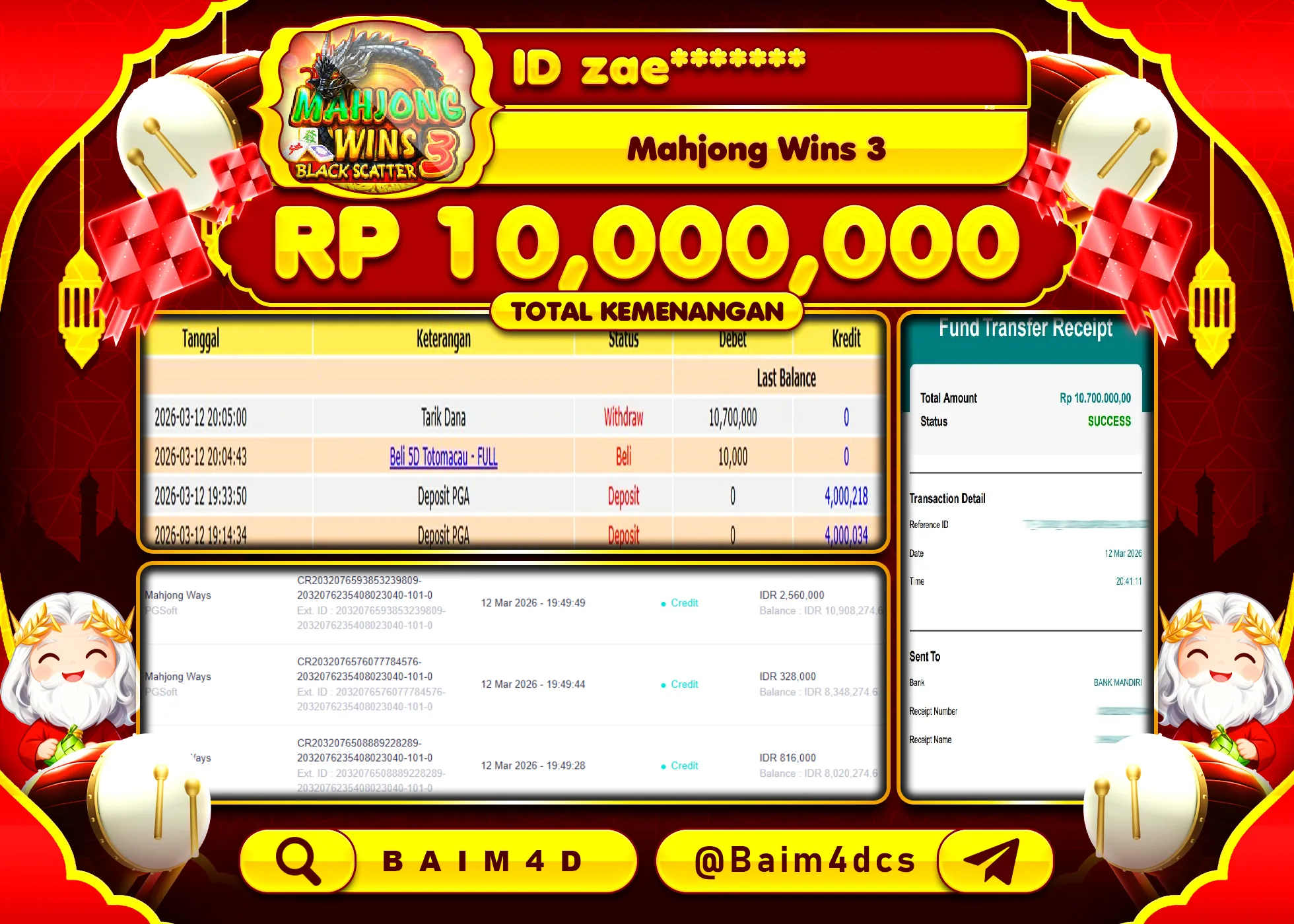 BAIM4D JACKPOT MAHJONG WINS 3  Rp.10,000,000 - LUNAS