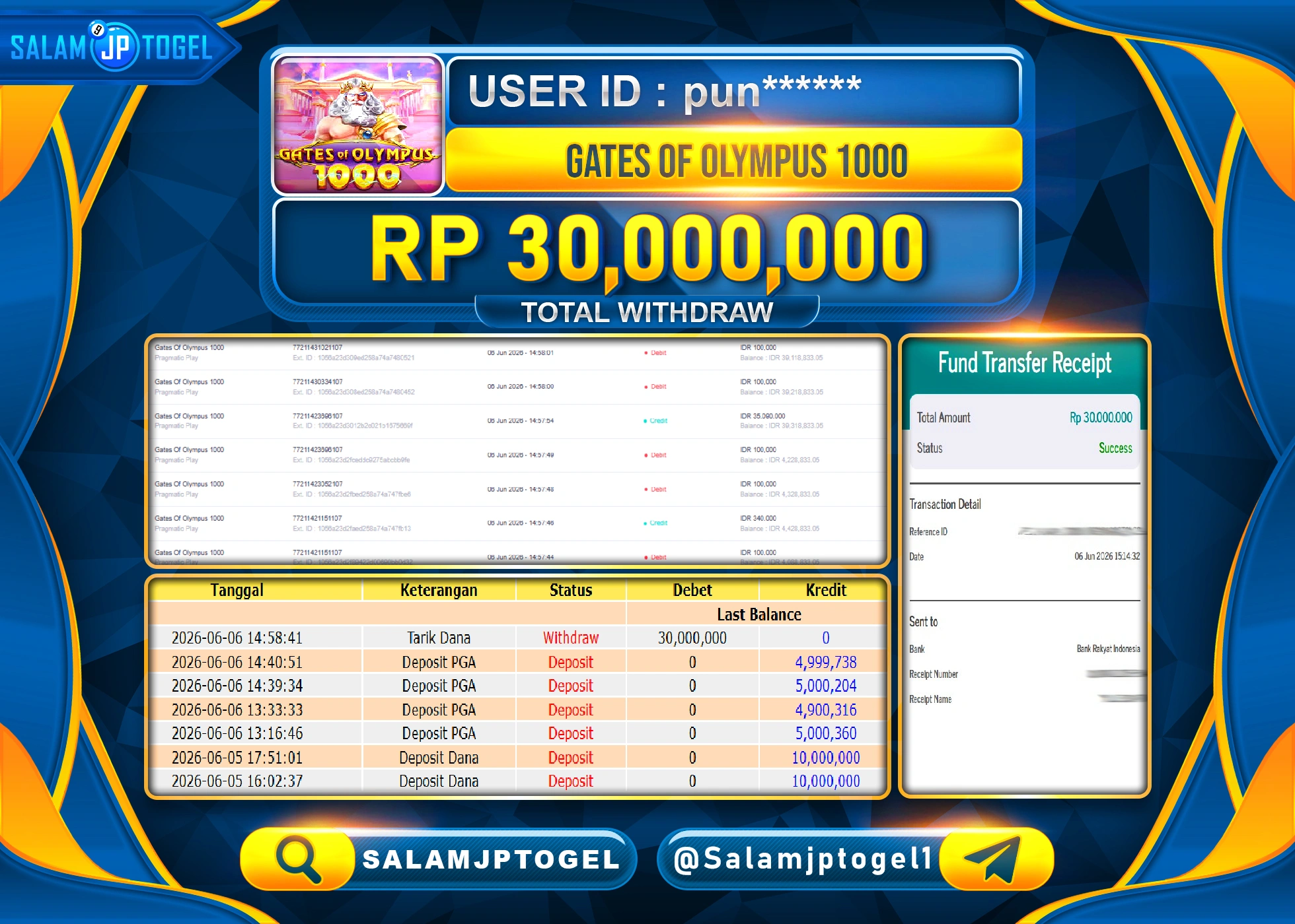SALAMJPTOGEL JACKPOT MENANG SLOT GATES OF OLYMPUS 1000 Rp.30,000,000 - LUNAS