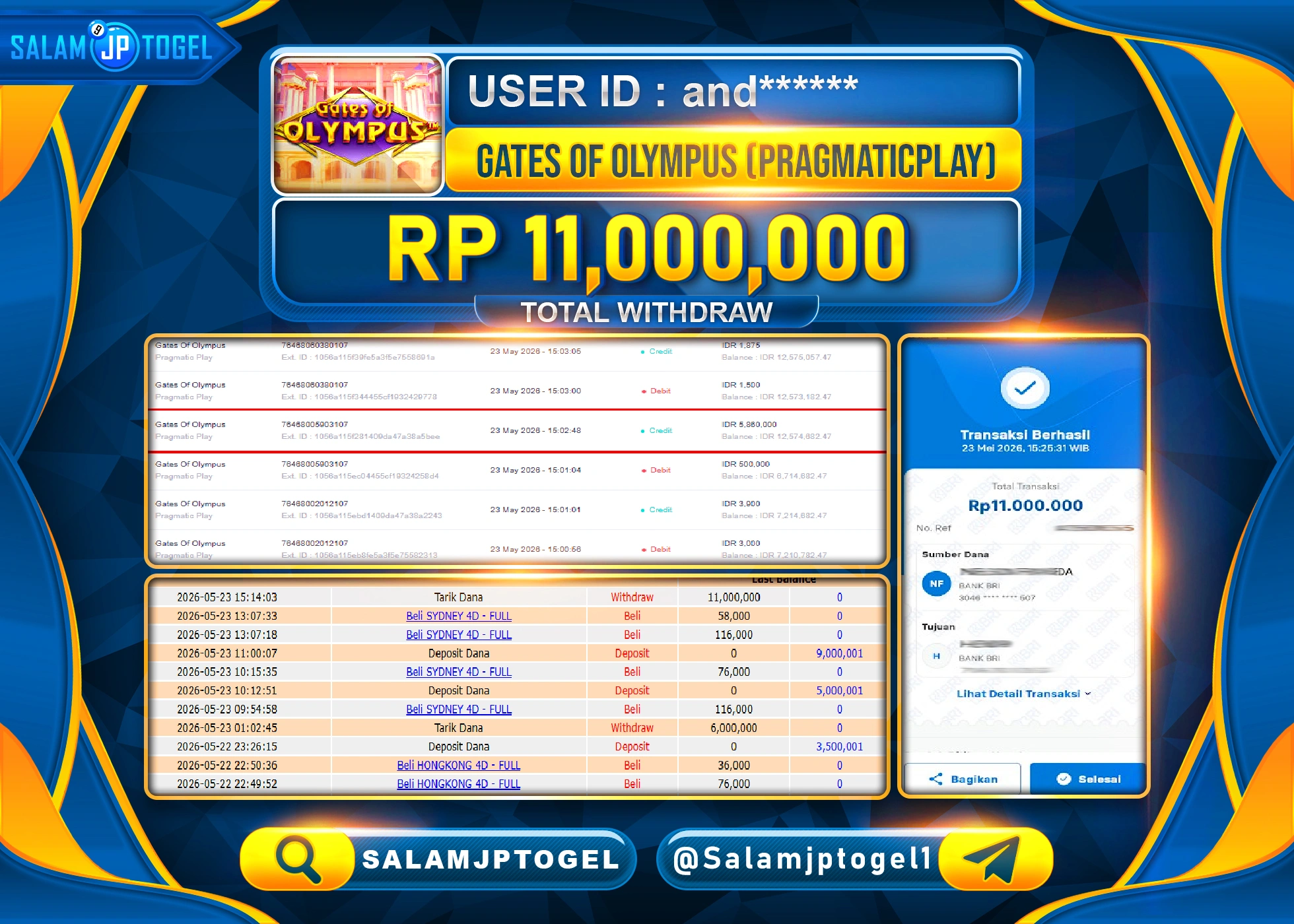 SALAMJPTOGEL JACKPOT SLOT GATES OF OLYMPUS PRAGMATIC Rp.11,000,000 - LUNAS