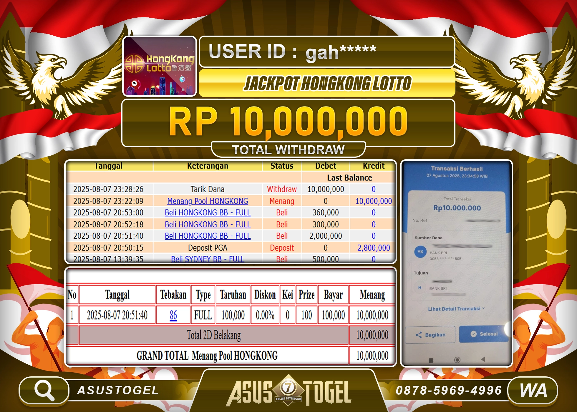 ASUSTOGEL KEMENANGAN DI TOGEL HONGKONG LOTTO SEBESAR 10,000,000- RUPIAH LUNAS
