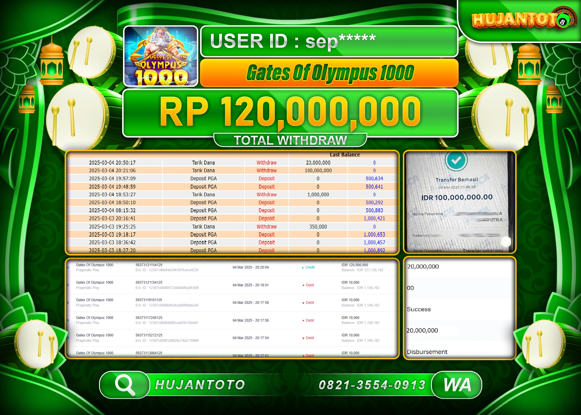 HUJANTOTO - BUKTI JACKPOT MENANG SLOT GATES OF OLYMPUS 1000, Rp,120,000,000  - TERBAYAR LUNAS