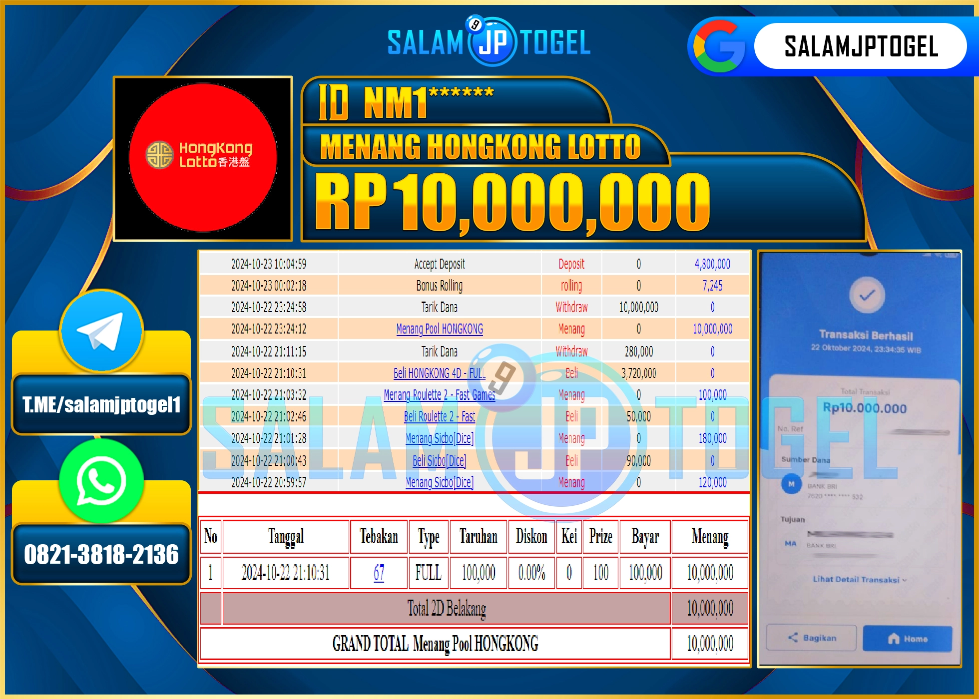 SALAMJPTOGEL MENANG HONGKONG LOTTO RP. 10,000,000 LUNAS