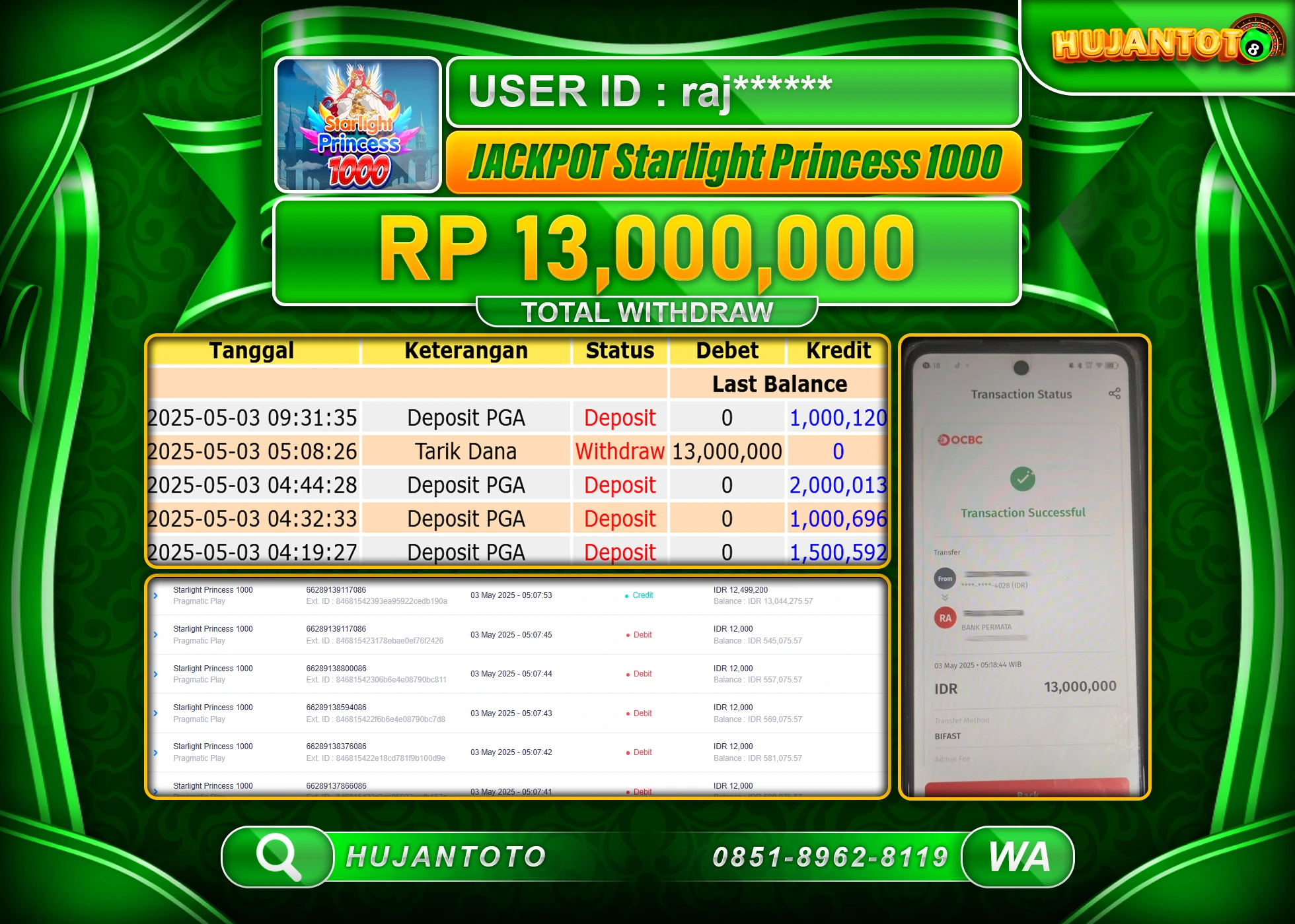 HUJANTOTO - BUKTI JACKPOT MENANG SLOT STARLIGHT PRINCESS 1000 Rp,13,000,000 - TERBAYAR LUNAS