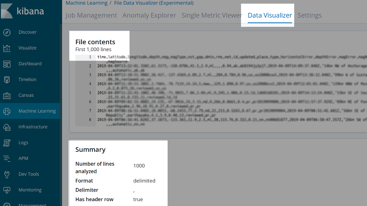 File Contents Summary after uploading CSV data into Elasticsearch via the Kibana UI