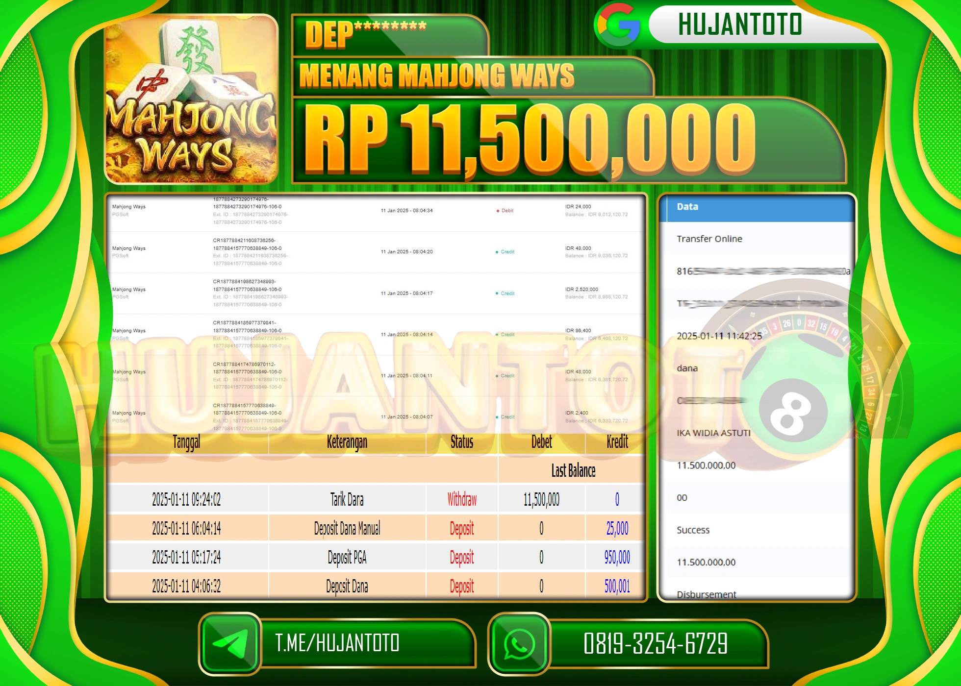 HUJANTOTO - BUKTI JACKPOT DI PERMAINAN SLOT MAHJONG WAYS Rp. 11,500,000 - TERBAYAR LUNAS