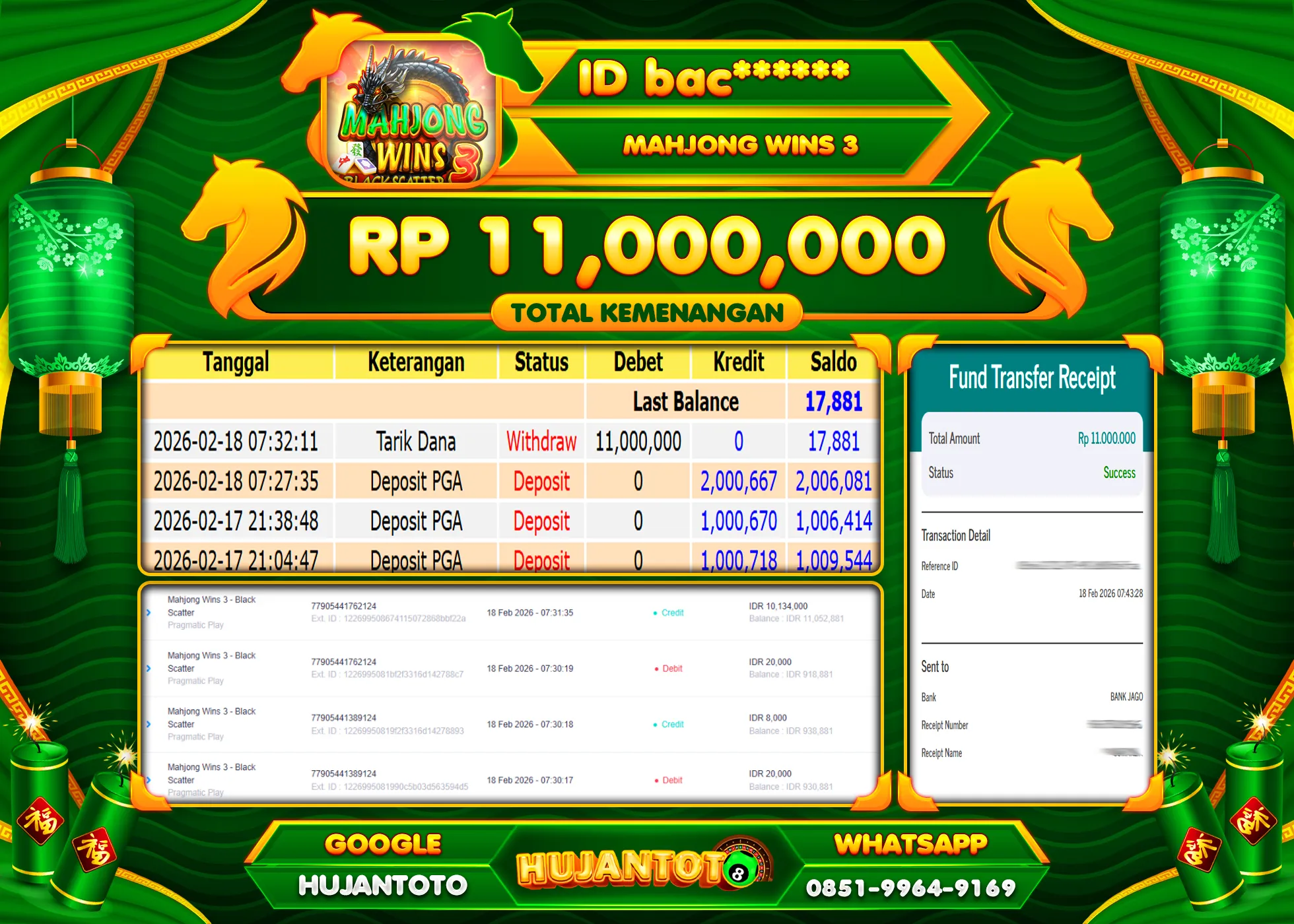 HUJANTOTO - BUKTI JACKPOT MENANG SLOT MAHJONG WINS 3 Rp.11,000,000 - TERBAYAR LUNAS