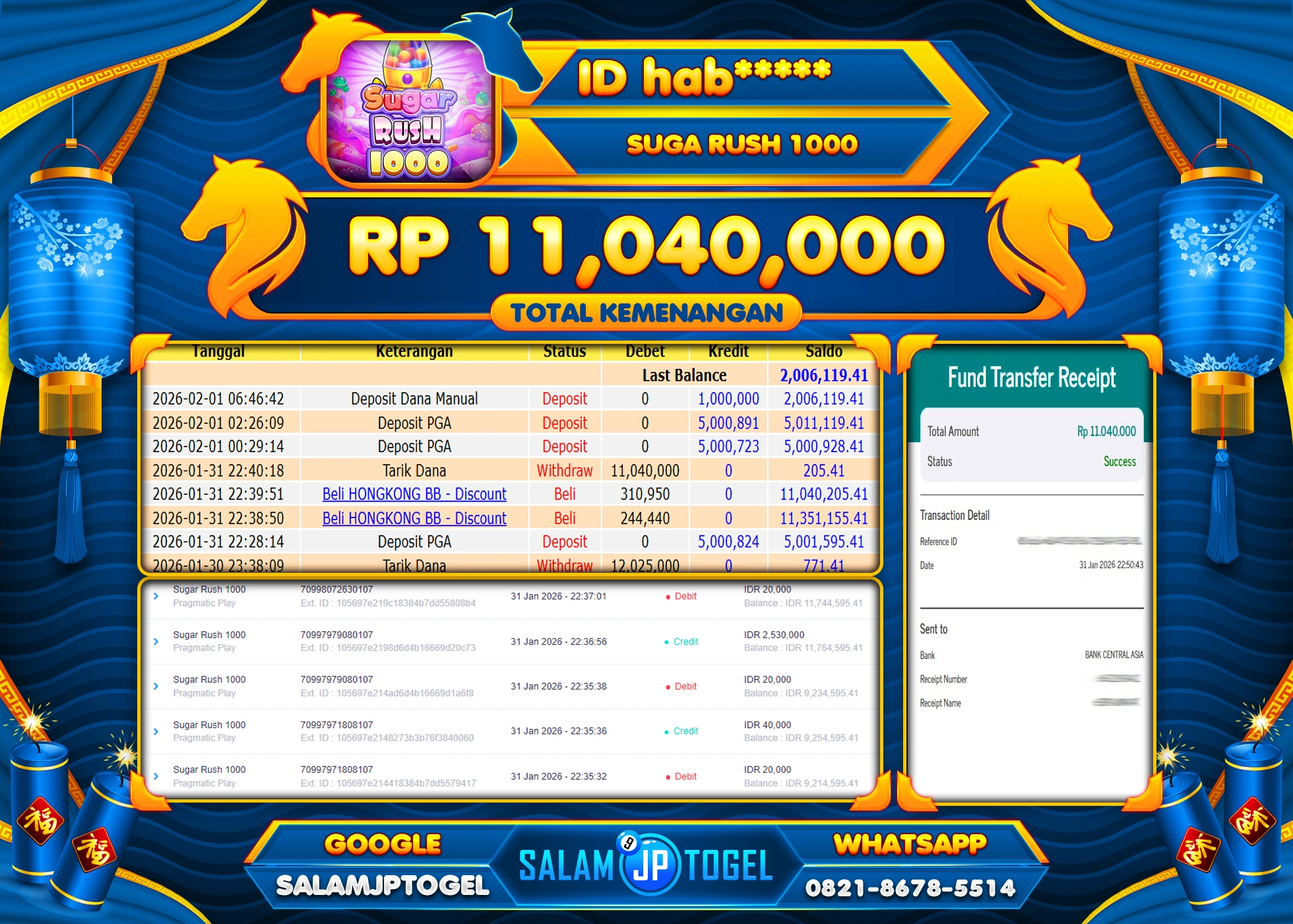 SALAMJPTOGEL JACKPOT SUGAR RUSH 1000 Rp.11,040,000 - LUNAS
