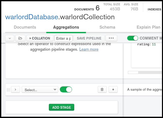 MongoDB Compass Community Aggregation Pipeline Builder, with selected database and collection