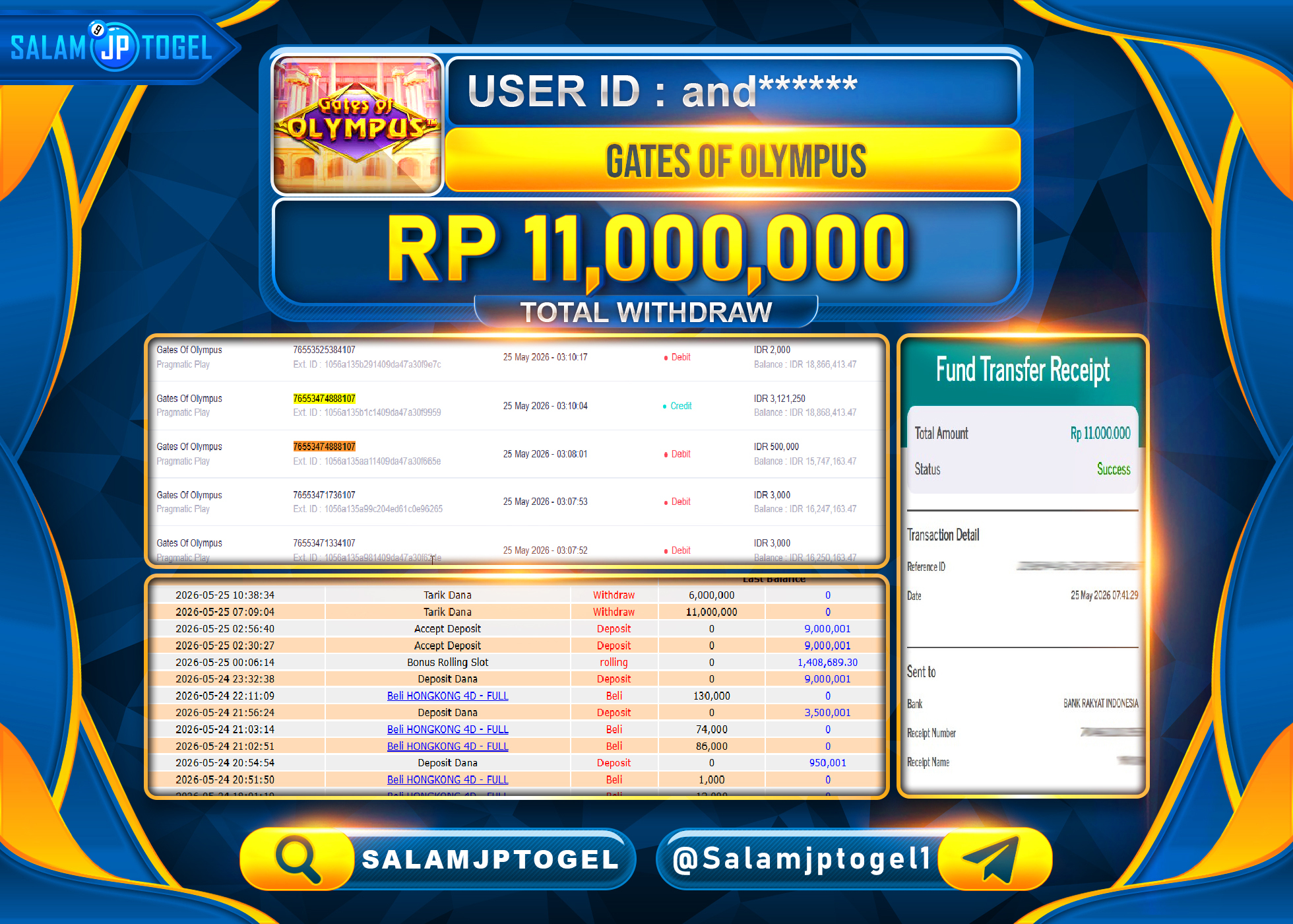 SALAMJPTOGEL JACKPOT Menang Gates Of Olympus (Playmatic) Rp.11,000,000 - LUNAS