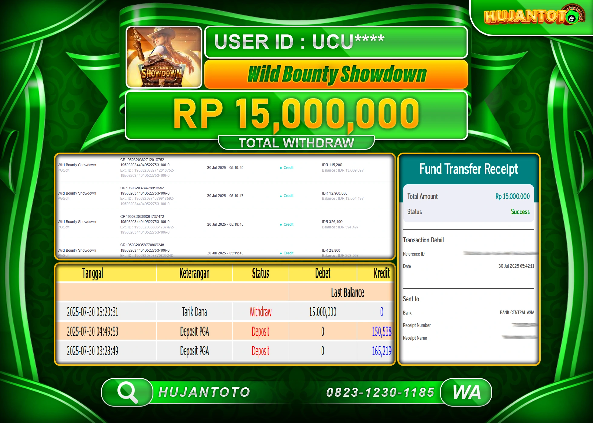 HUJANTOTO - BUKTI JACKPOT MENANG SLOT WILD BOUNTY SHOWDOWN Rp.15,000,000 - TERBAYAR LUNAS