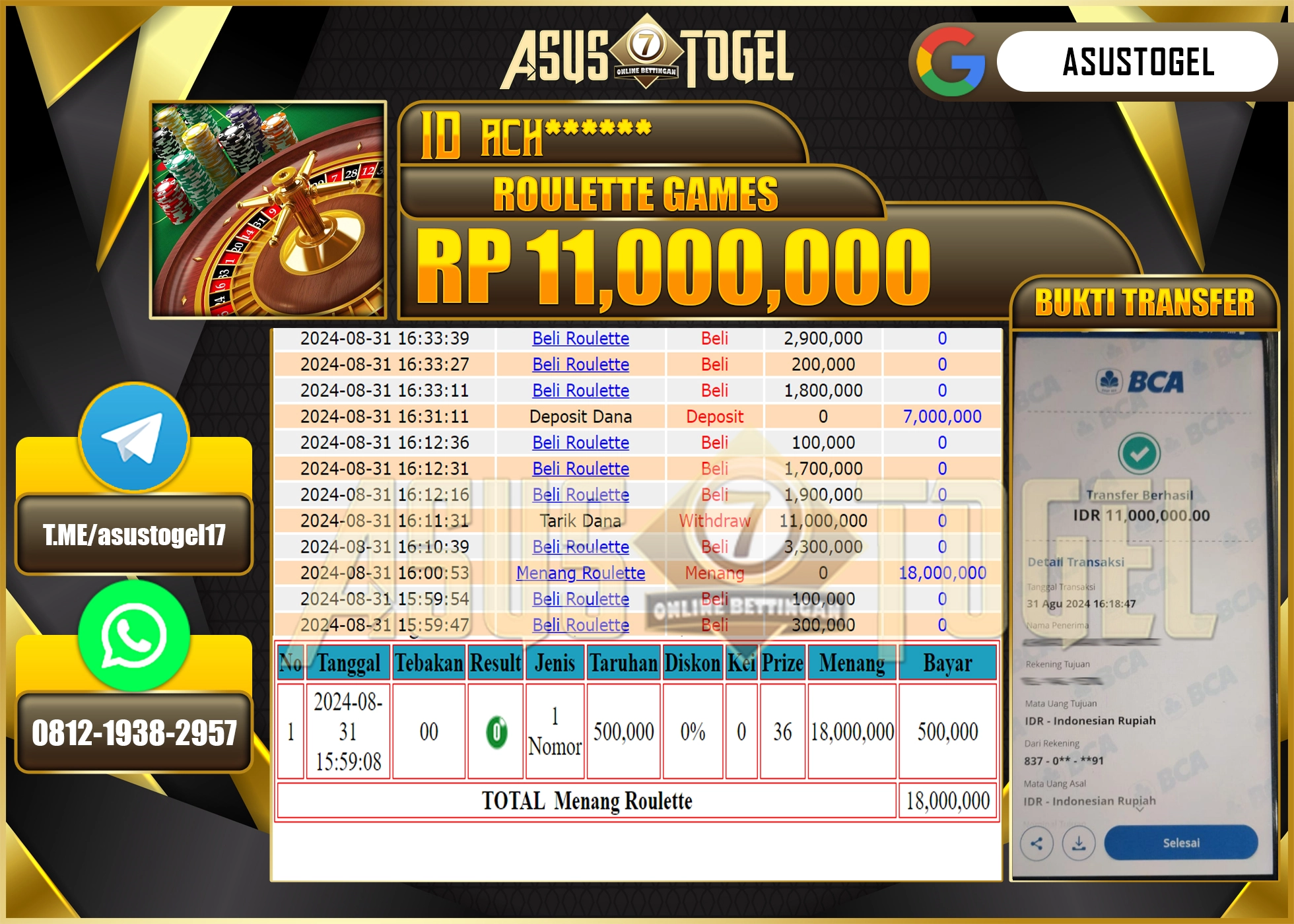 ASUSTOGEL KEMENANGAN DI LIVEGAME ROULETTE GAMES SEBESAR  11,000,000- RUPIAH LUNAS
