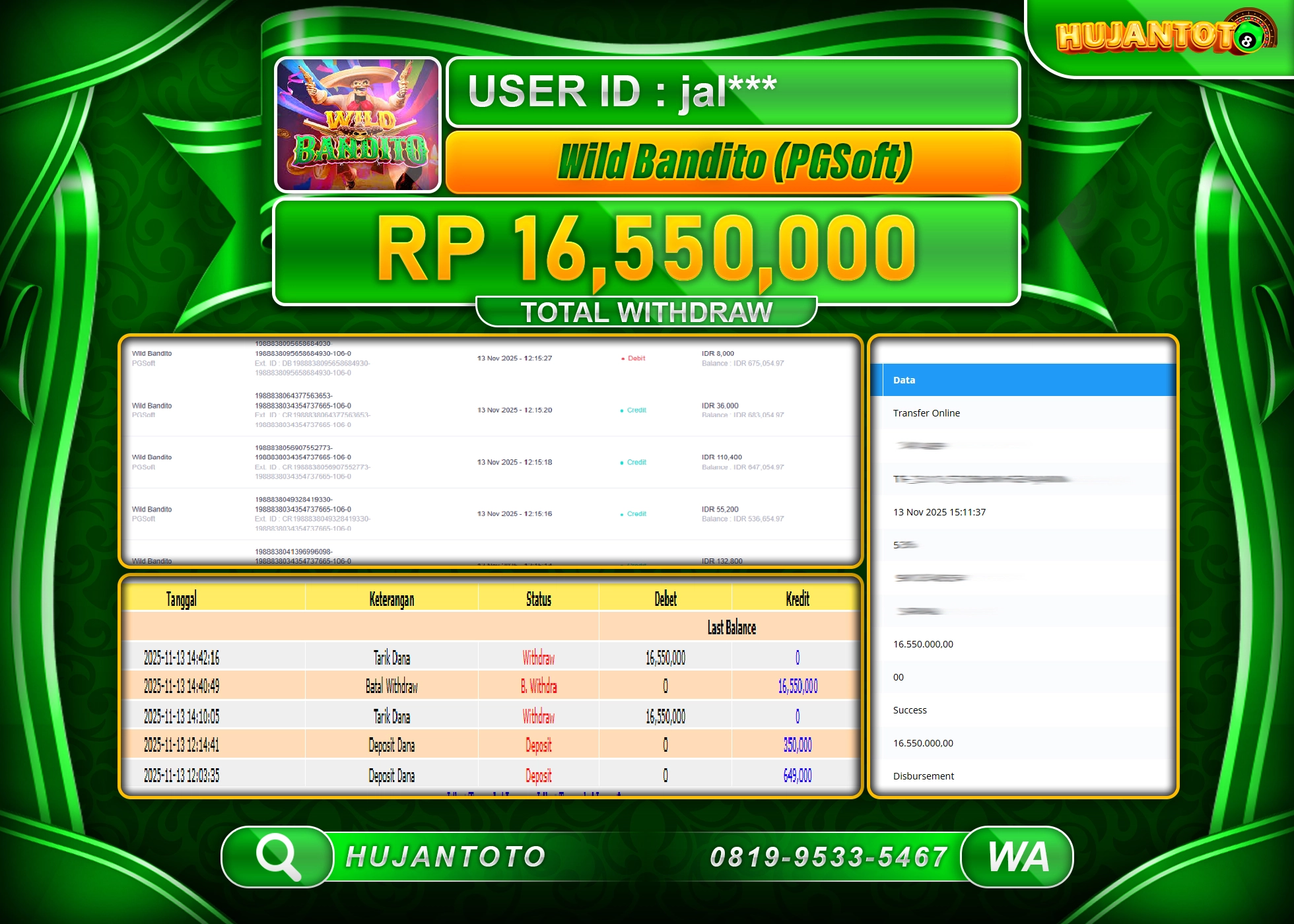 HUJANTOTO - BUKTI JACKPOT MENANG SLOT PG SOFT WILD BANDITO Rp.16,550,000 - TERBAYAR LUNAS