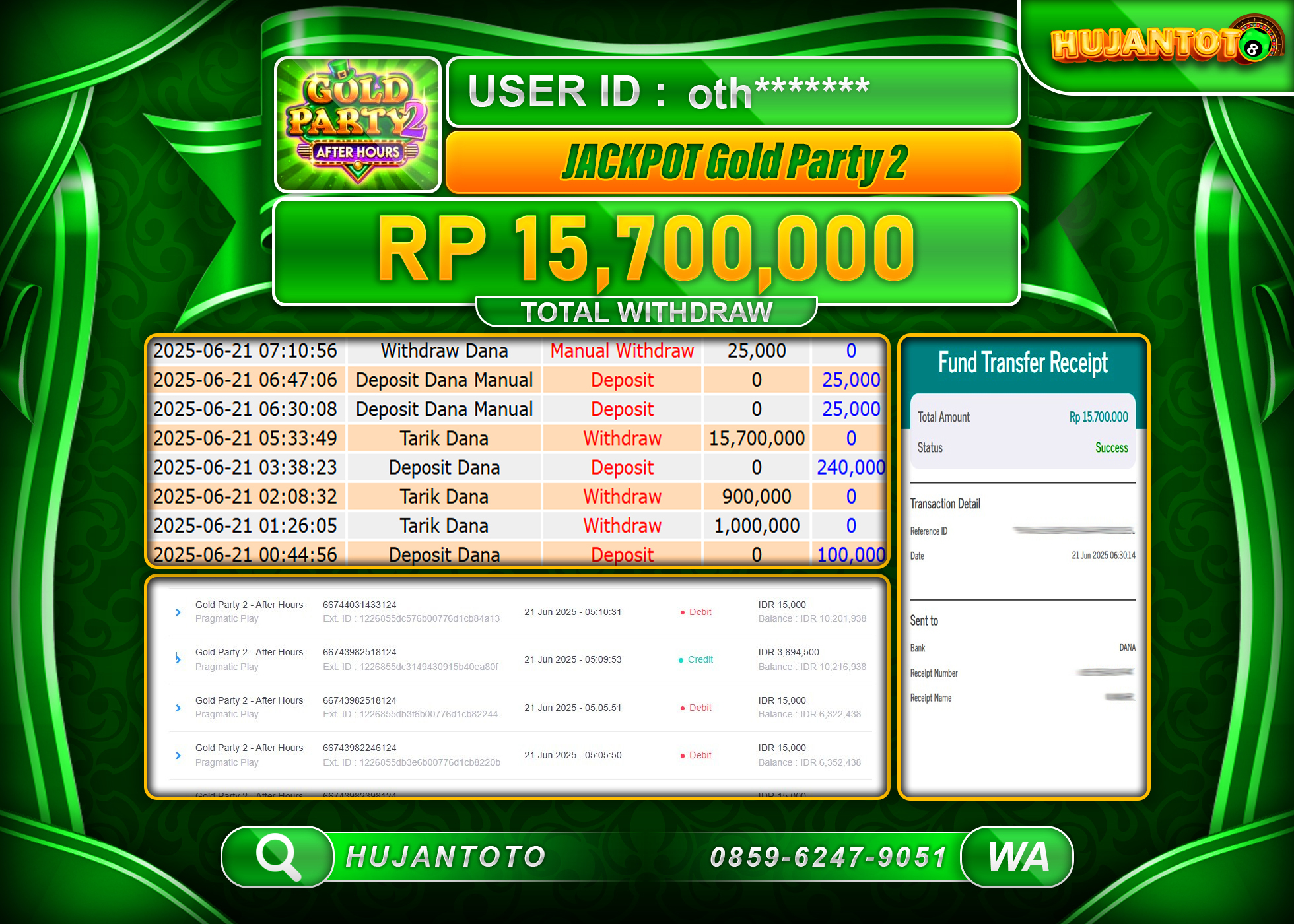 HUJANTOTO - BUKTI JACKPOT MENANG DI GAME SLOT GOLD PARTY 2 Rp.15,700,000 - TERBAYAR LUNAS